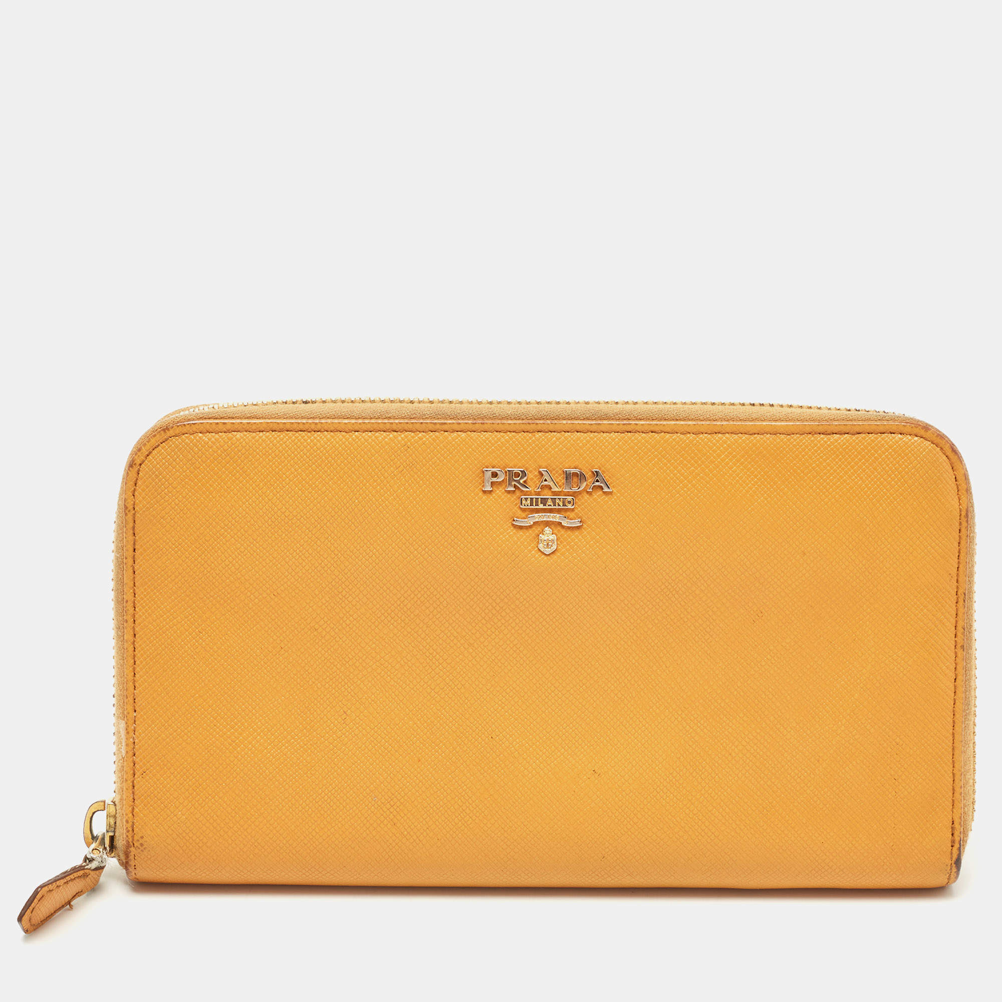 Pre Owned Prada Mustard Saffiano Lux Leather Zip Around Continental Wallet