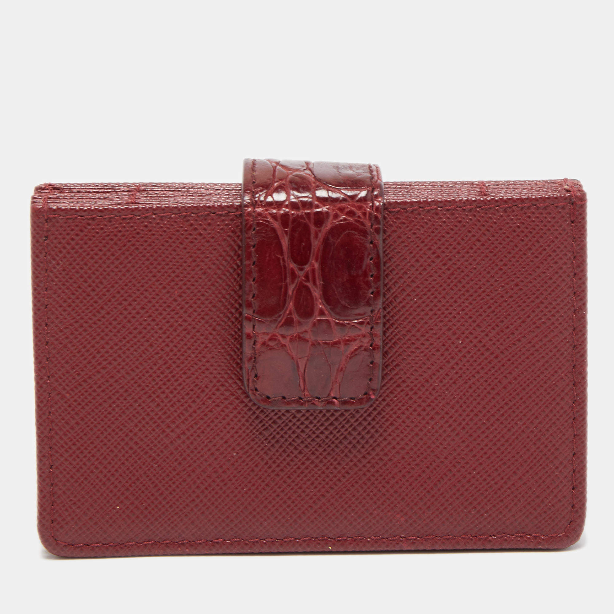 Prada Burgundy Saffiano Leather and Croccodile 5 Gussets Card Case