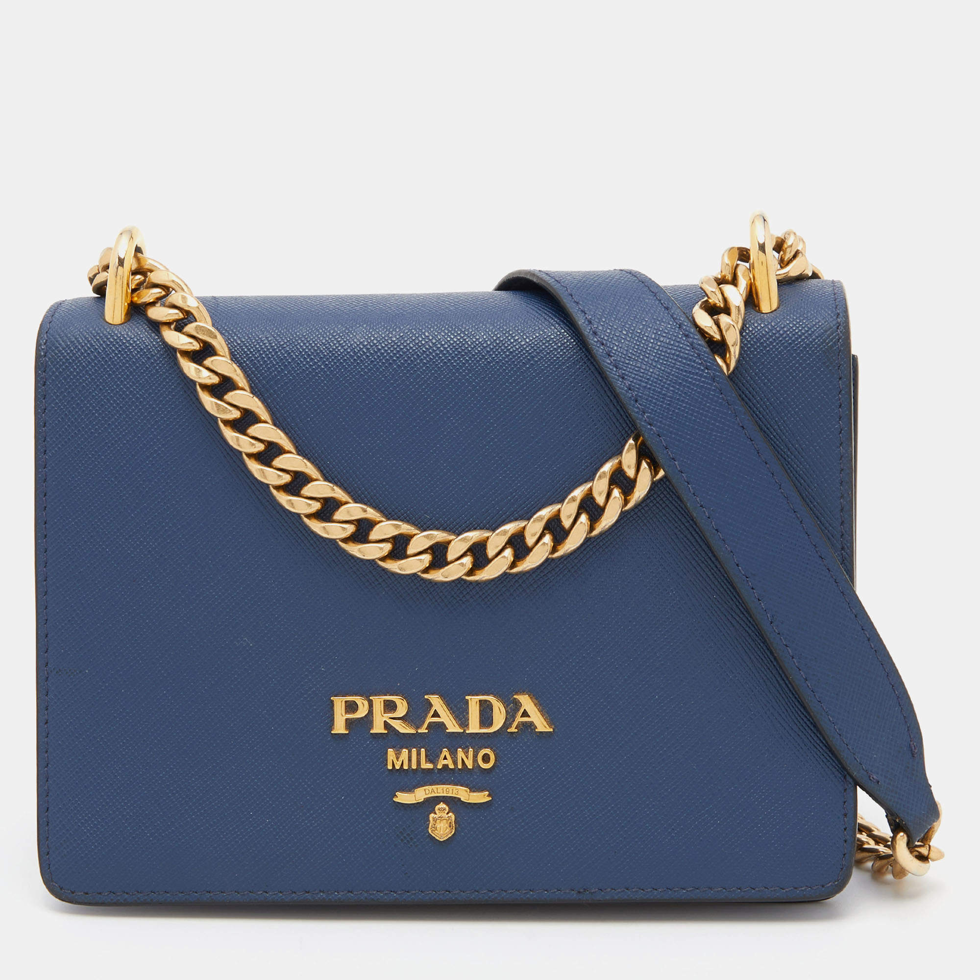 NEW PRICE! PRADA Pattina Chain Blue Saffiano Leather Cross Body / Shoulder  Bag