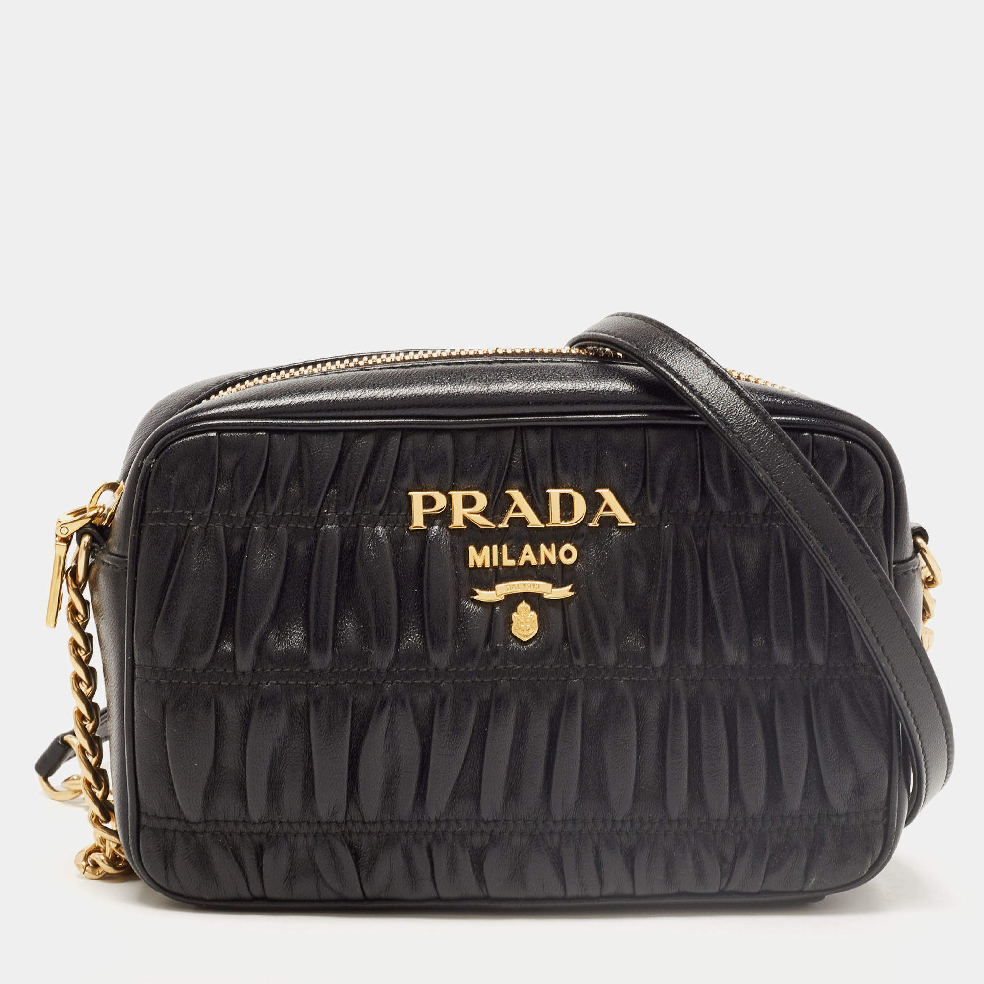 Pre Owned Prada Black Gaufre Leather Camera Shoulder Bag