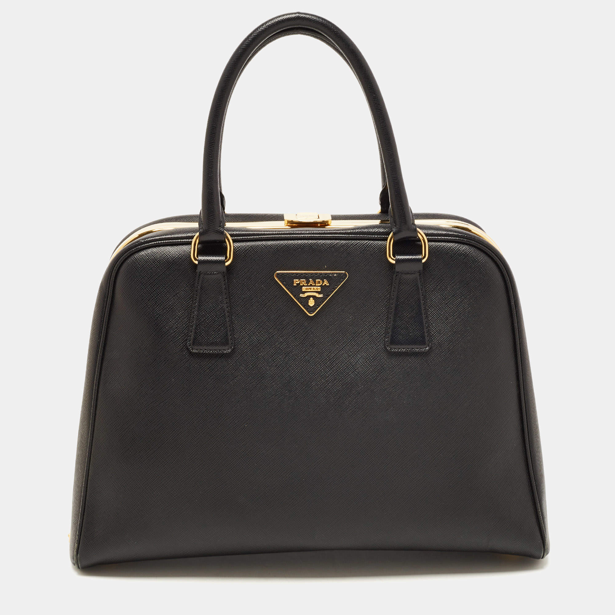 Pre Owned Prada Black Saffiano Lux Leather Pyramid Frame Satchel