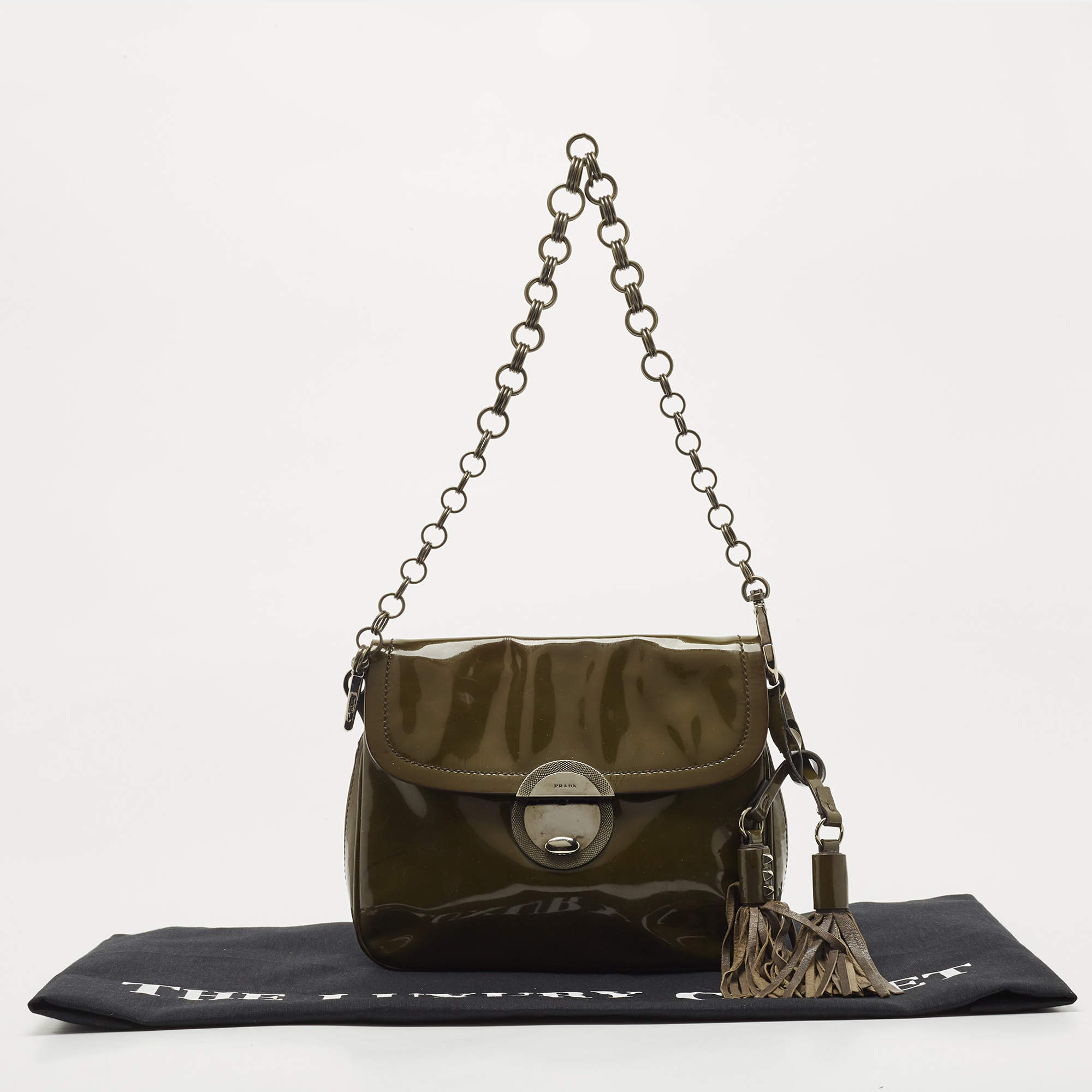 Prada Olive Green Patent Leather Flap Chain Shoulder Bag Prada