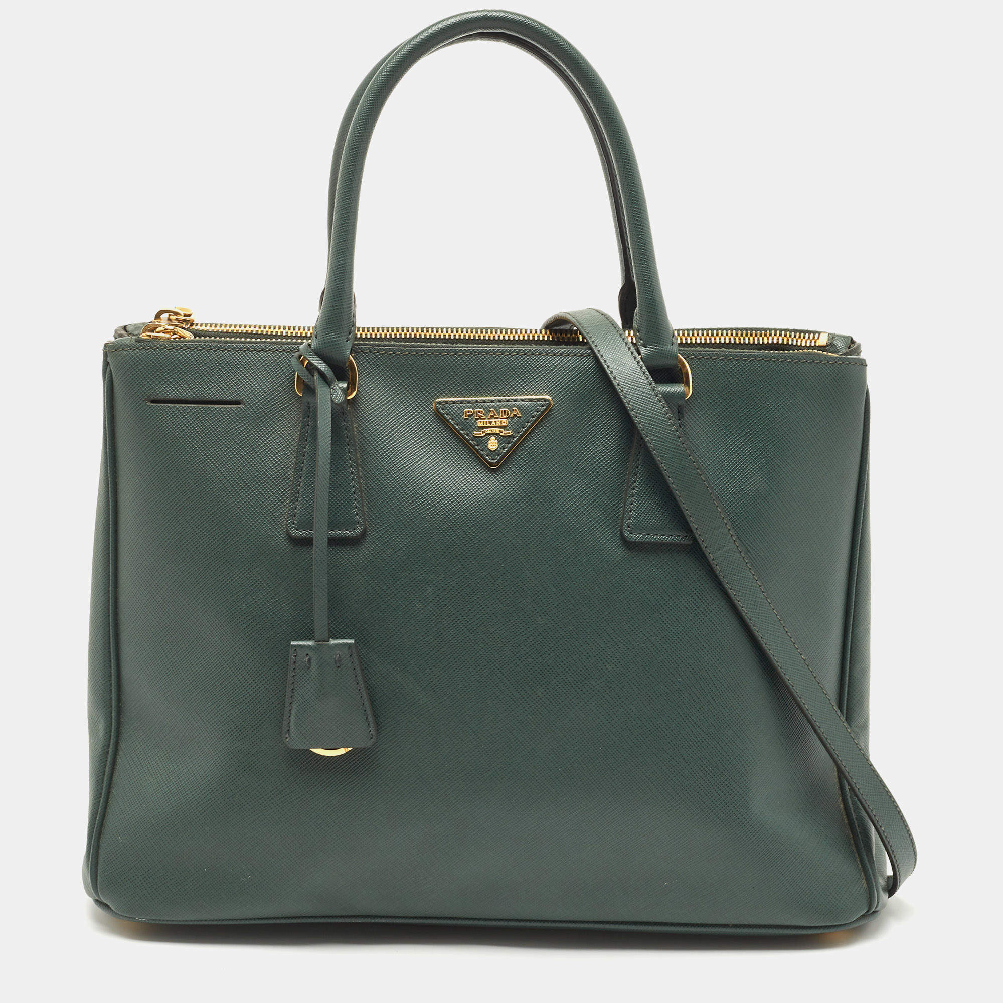 Pre Owned Prada Dark Green Saffiano Leather Medium Double Zip Tote