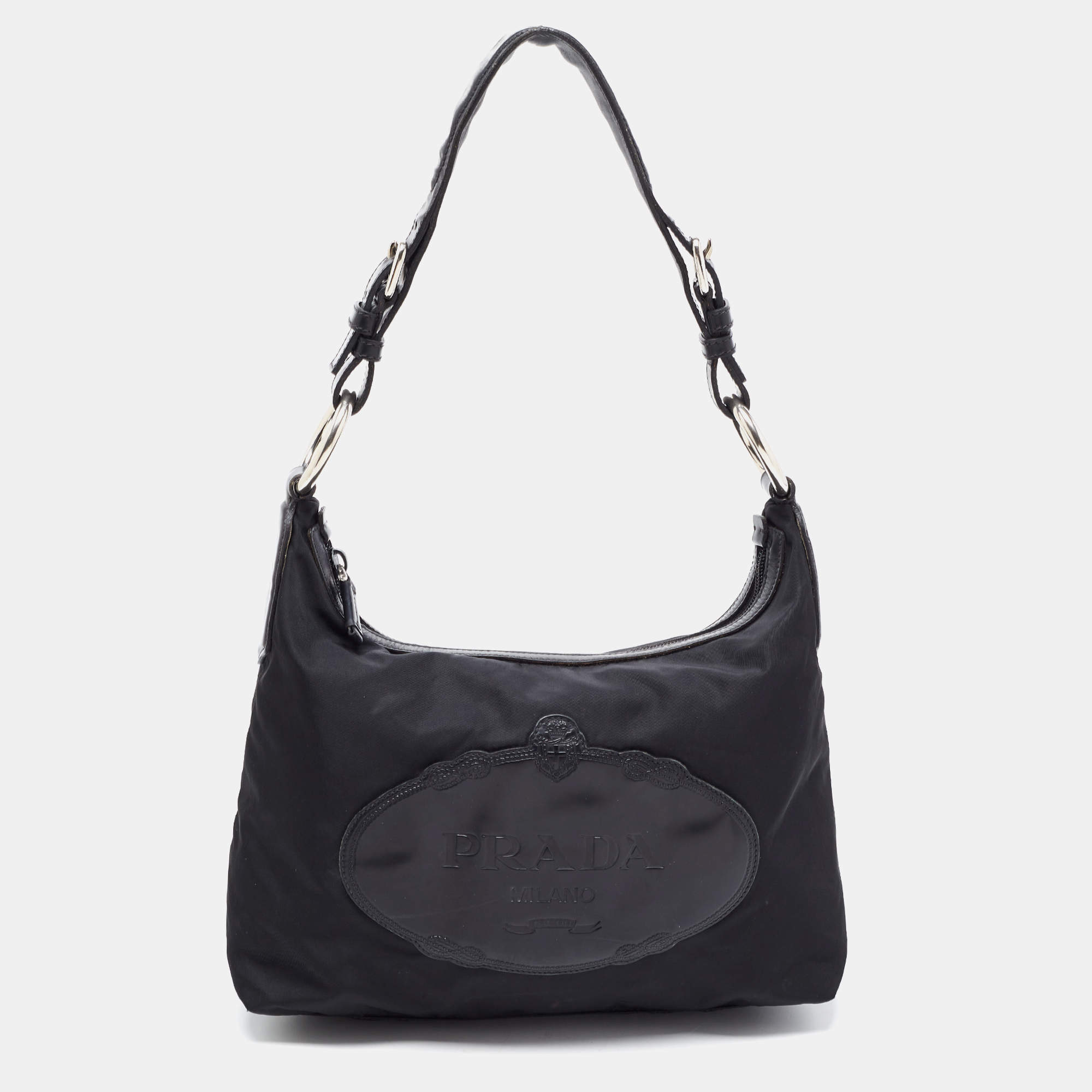 Pre Owned Prada Black Nylon and Leather Logo Shoulder Bag