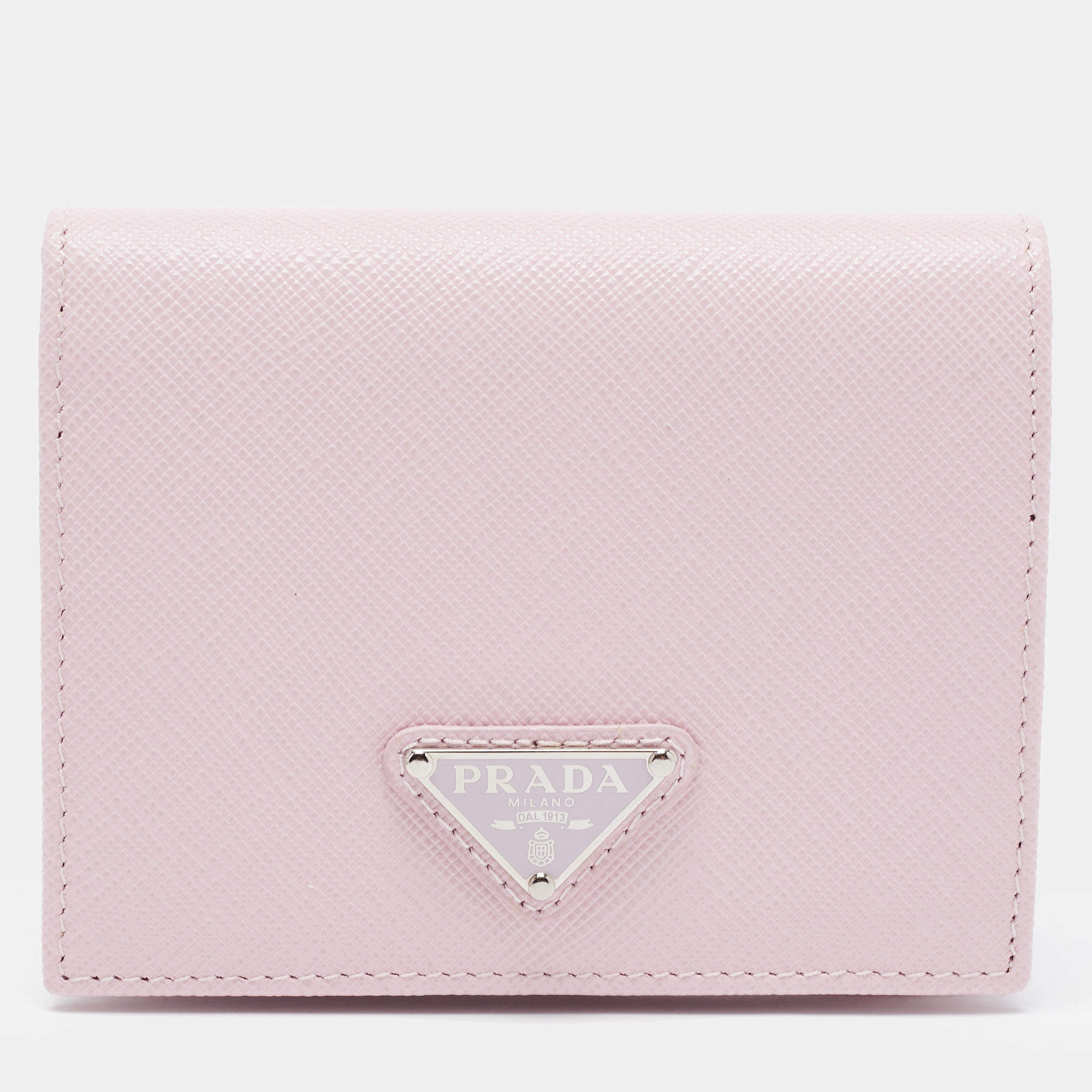 Prada Light Pink Saffiano Metal Leather Bifold Compact Wallet