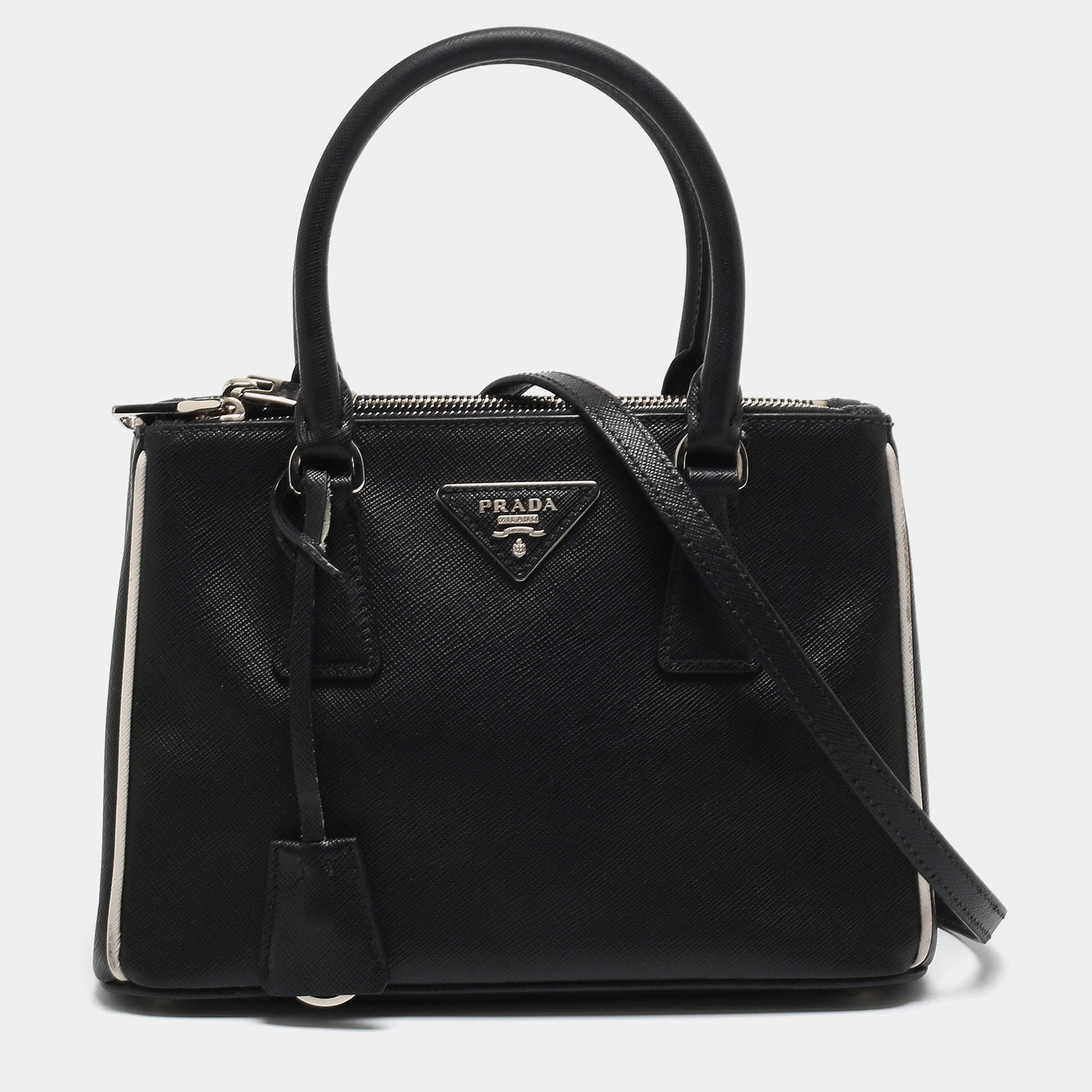 Pre Owned Prada Black/White Saffiano Lux Leather Small Galleria Tote