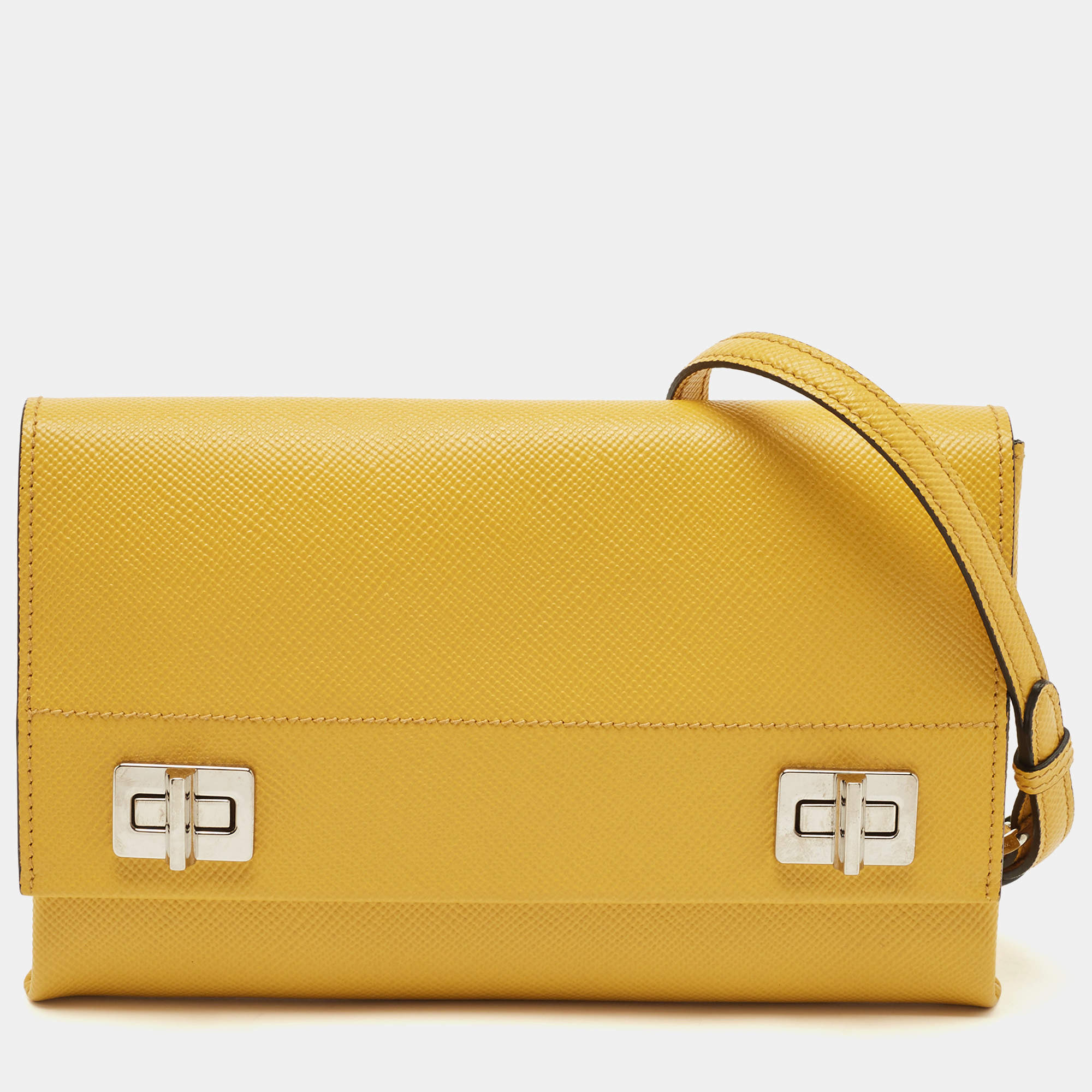 Pre Owned Prada Yellow Saffiano Leather Double Turn Lock Chain Shoulder Bag