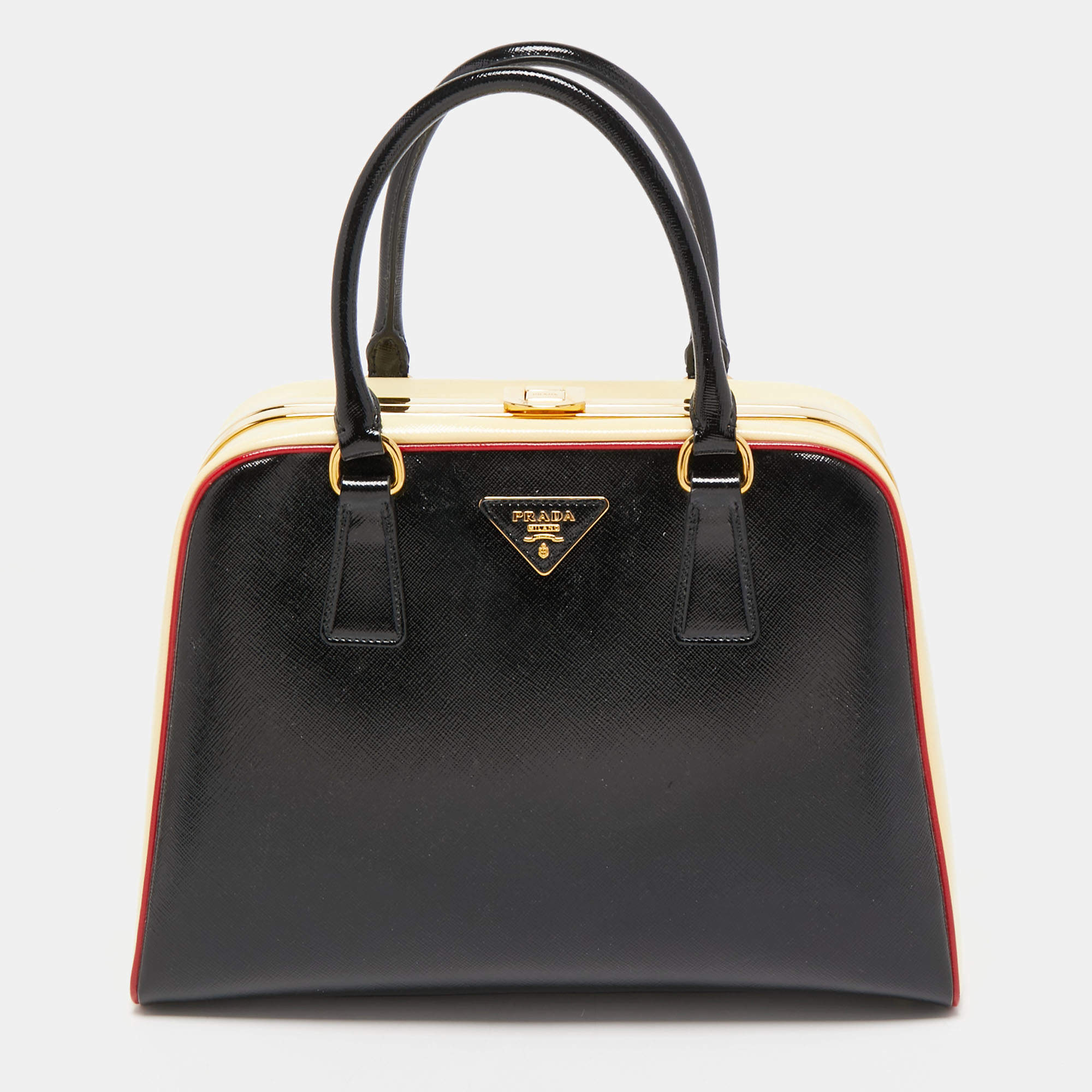 Pre Owned Prada Tri Color Saffiano Patent Leather Pyramid Frame Satchel
