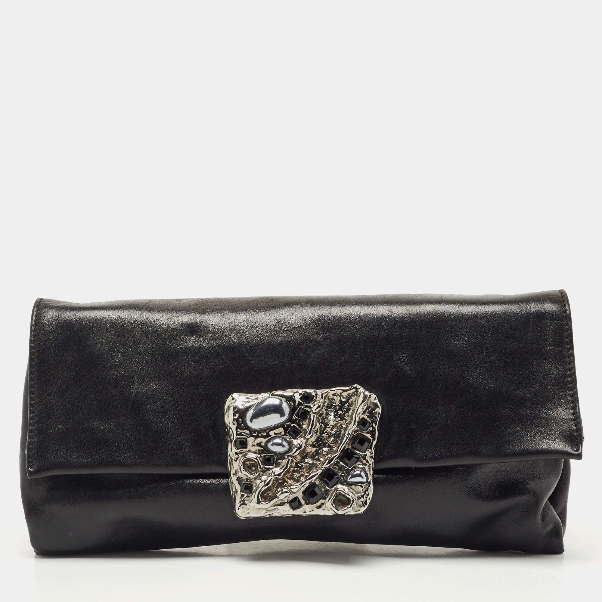 Pre Owned Prada Black Leather Vitello Mordo Flap Clutch