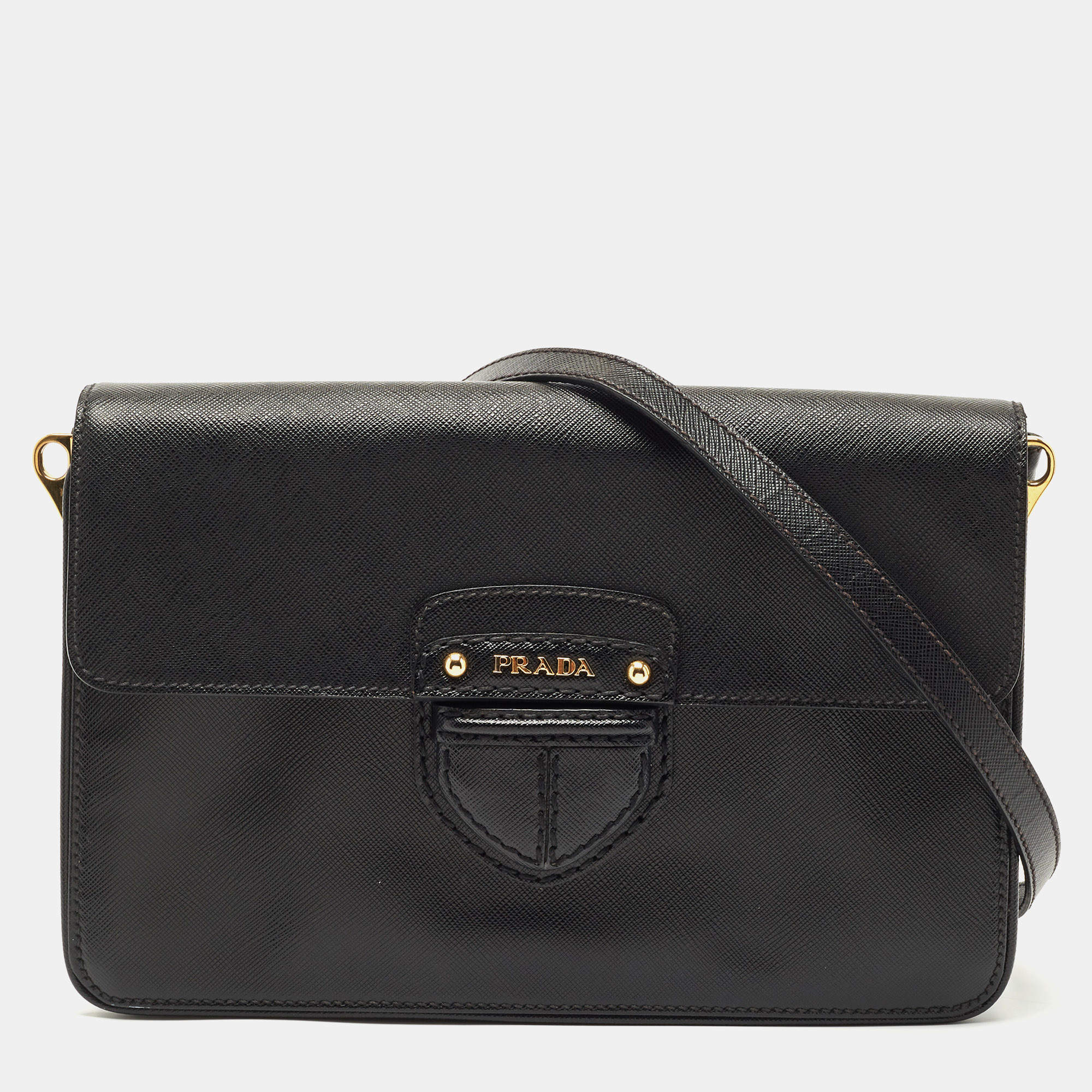 Pre Owned Prada Black Saffiano Leather Flap Shoulder Bag