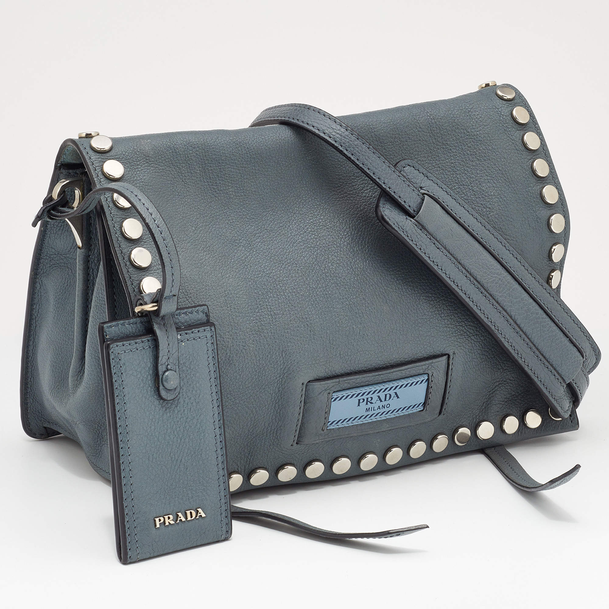 Prada Grey Leather Studded Etiquette Crossbody Bag