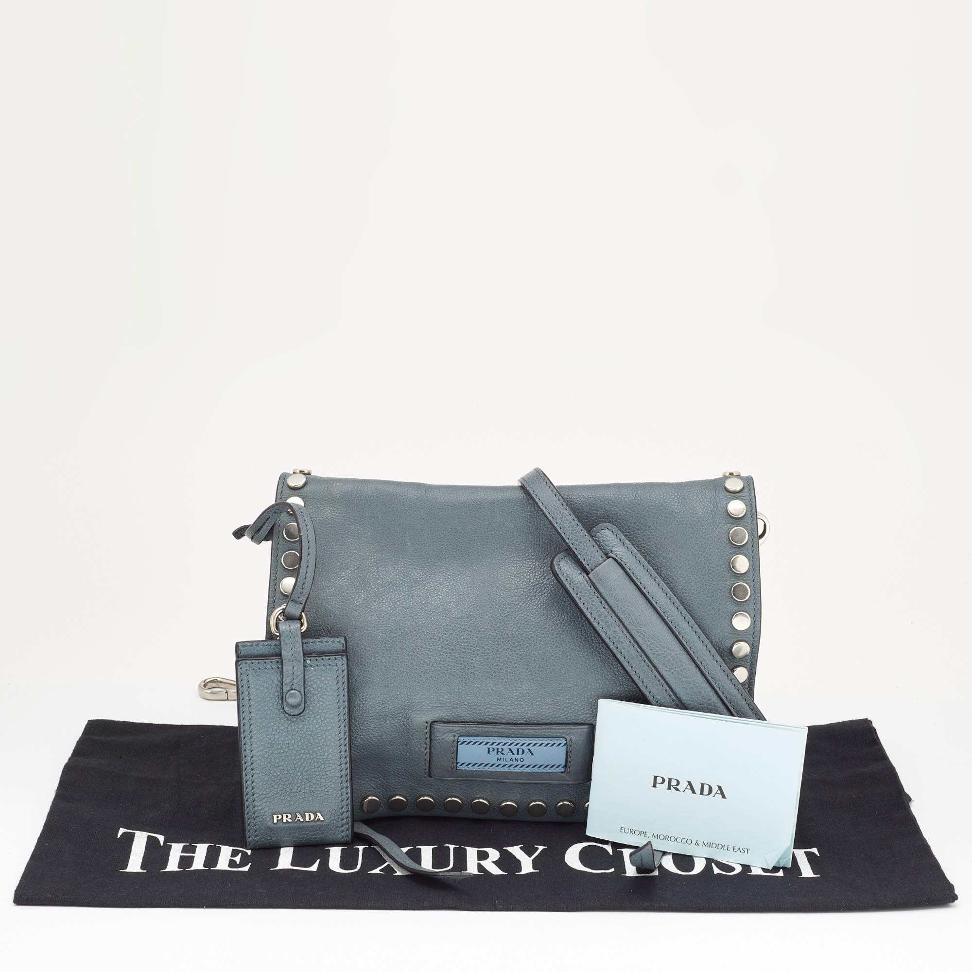 Prada Grey Leather Studded Etiquette Crossbody Bag