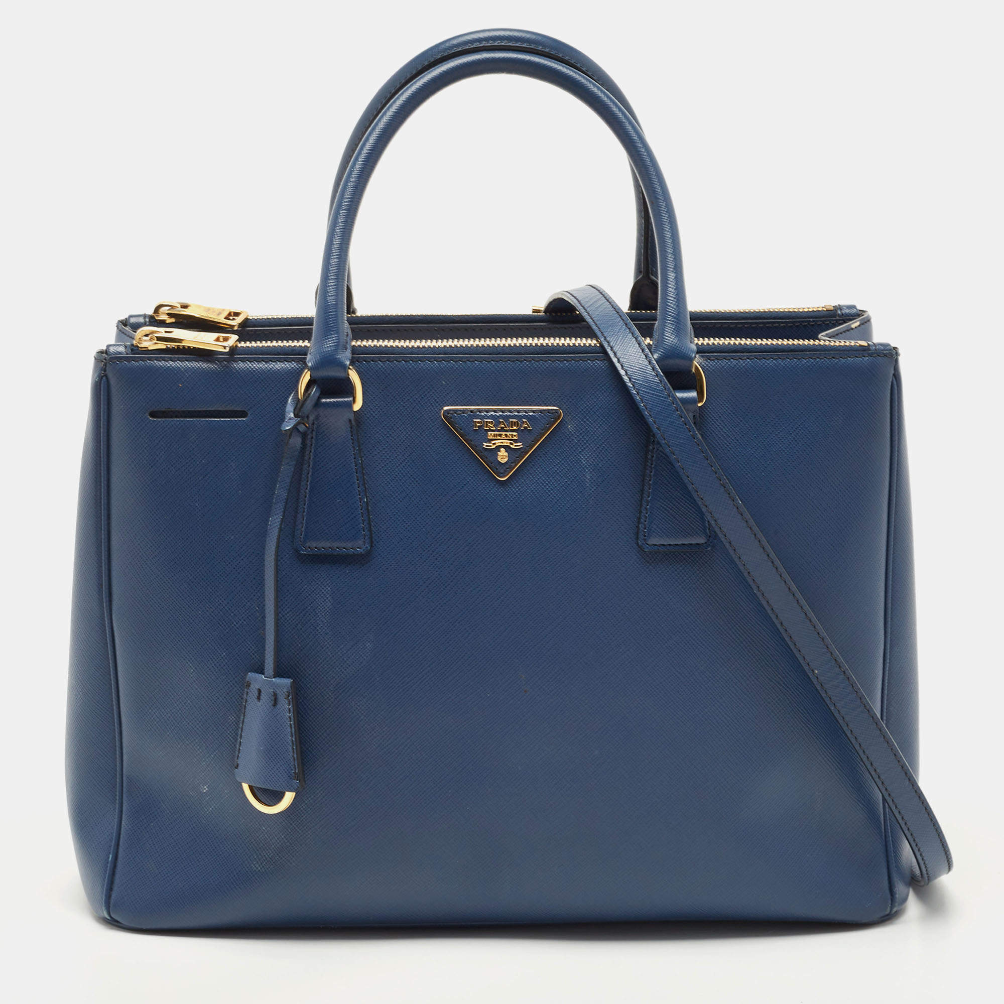 Pre Owned Prada Blue Saffiano Lux Leather Medium Double Zip Tote