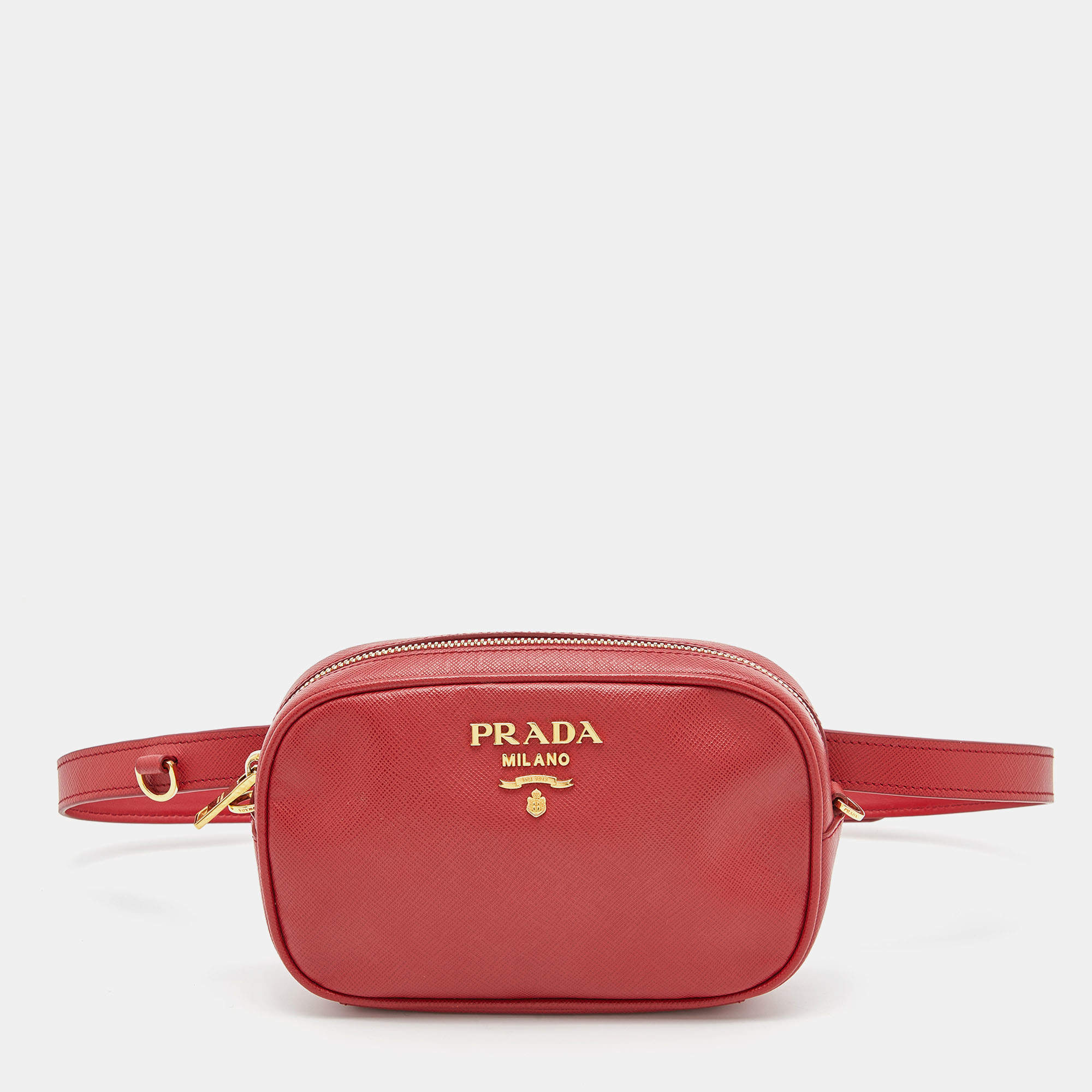 Pre Owned Prada Red Saffiano Lux Leather Convertible Chain Belt Bag