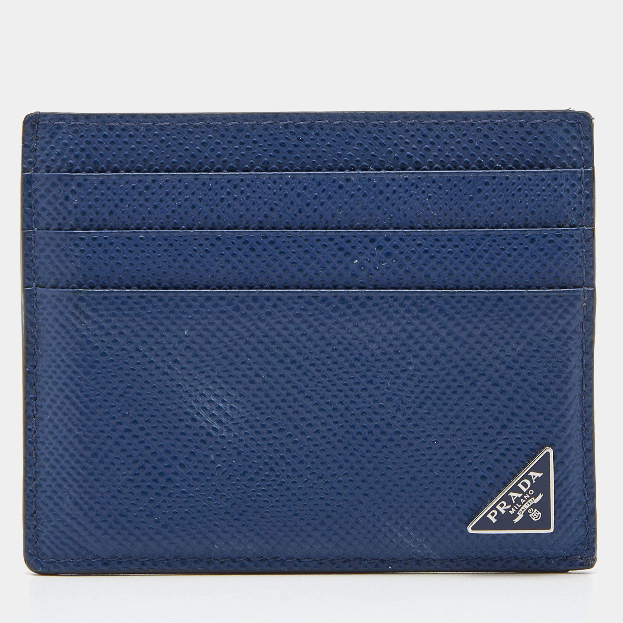 Pre Owned Prada Navy Blue Saffiano Leather Card Holder
