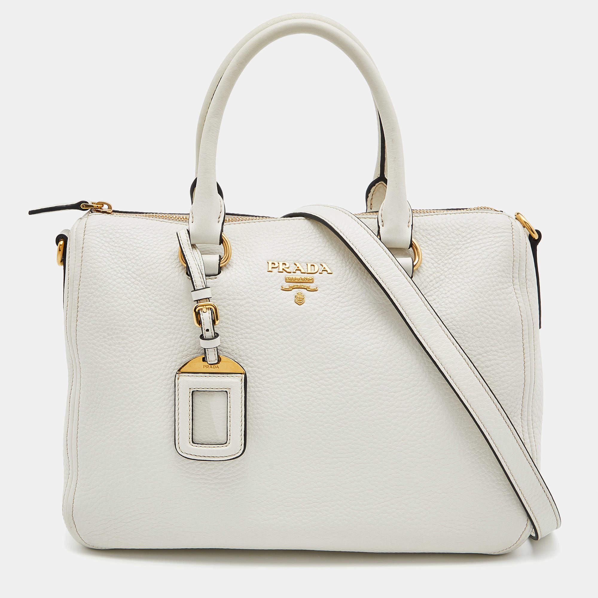 Pre Owned Prada White Vitello Daino Leather Boston Bag
