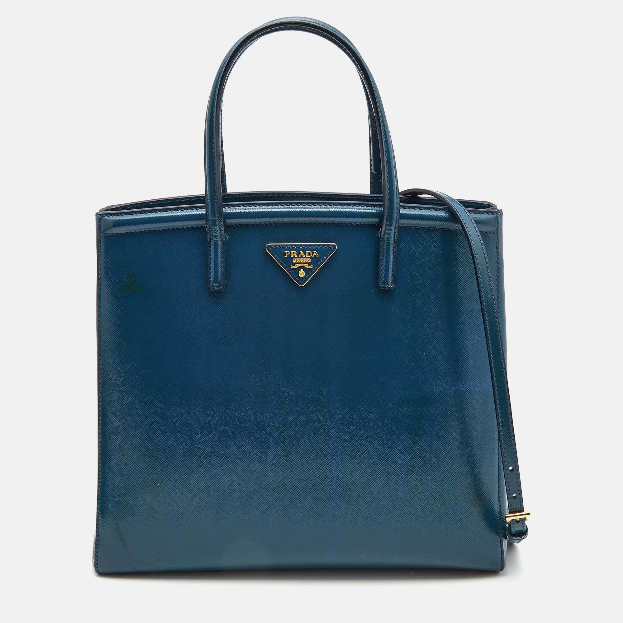 Pre Owned Prada Teal Blue Saffiano Vernice Leather Parabole Tote