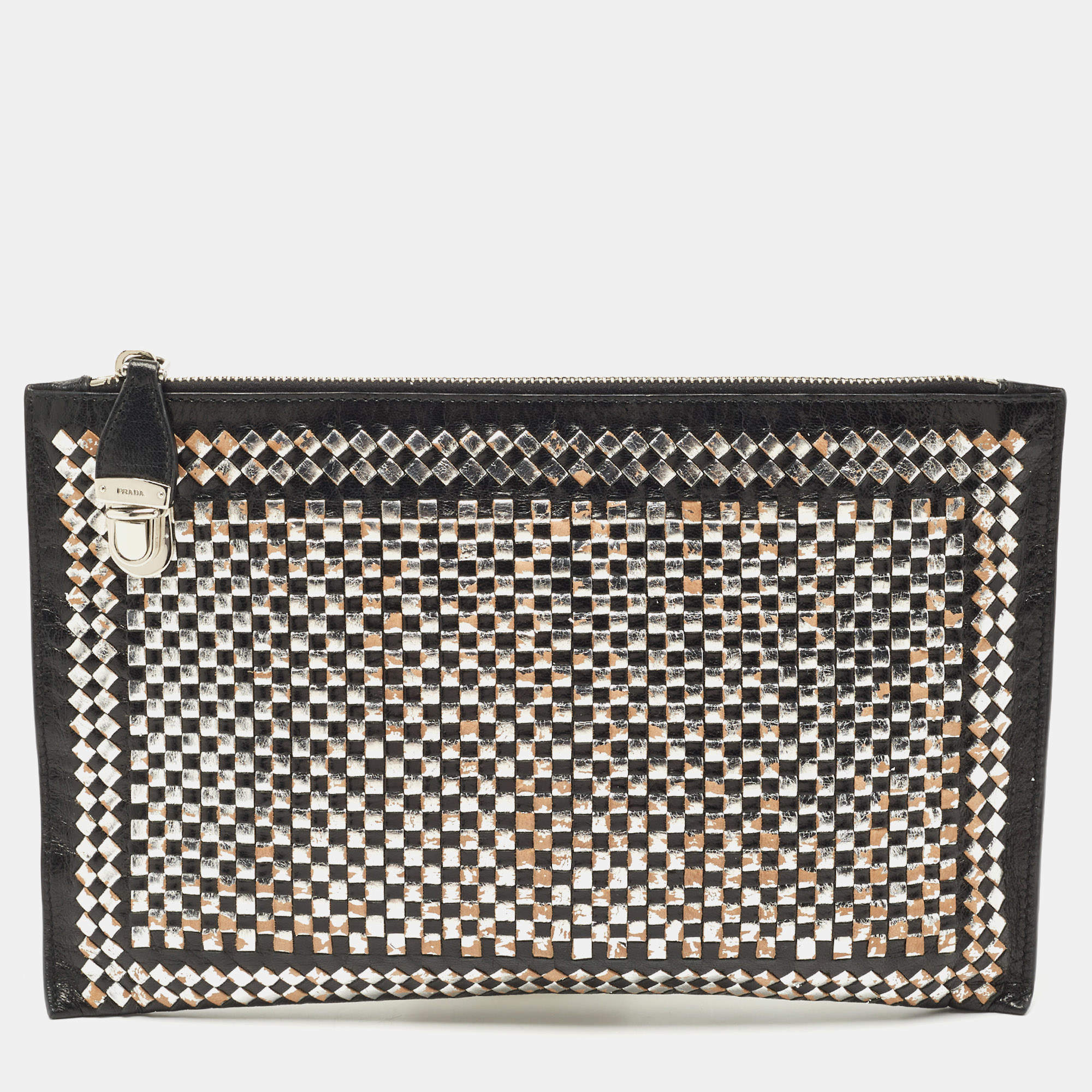 Pre Owned Prada Black/Silver Woven Madras Leather Zip Pouch