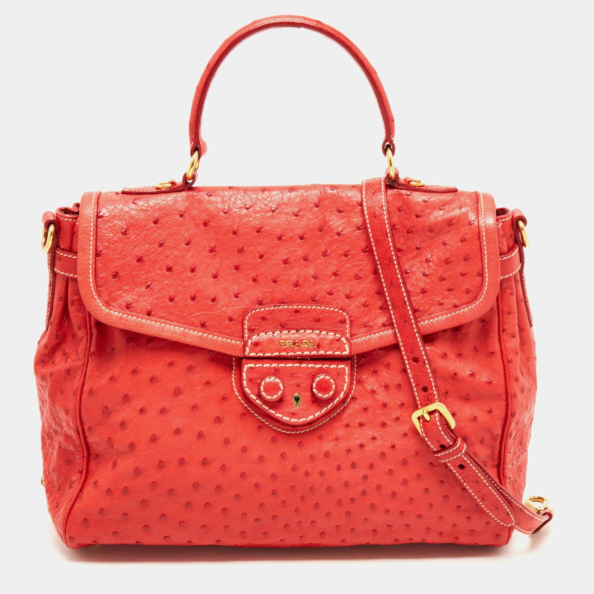 Pre Owned Prada Red Ostrich Pushlock Flap Top Handle Bag