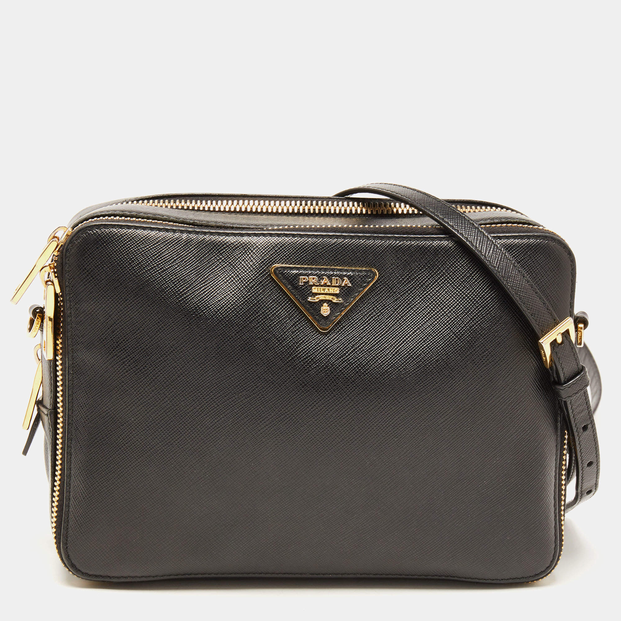 Prada Black Saffiano Lux Leather Double Zip Camera Crossbody Bag Prada