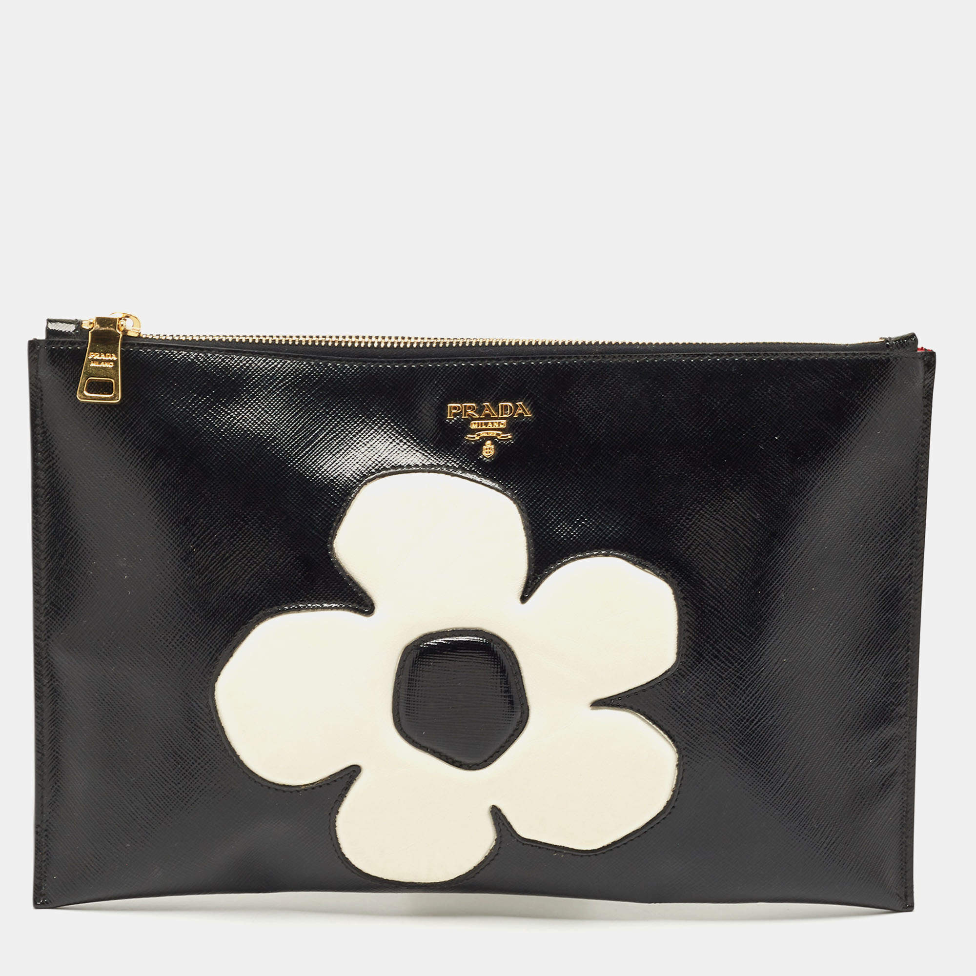 Pre Owned Prada Black/White Saffiano Vernice Flower Zip Pouch