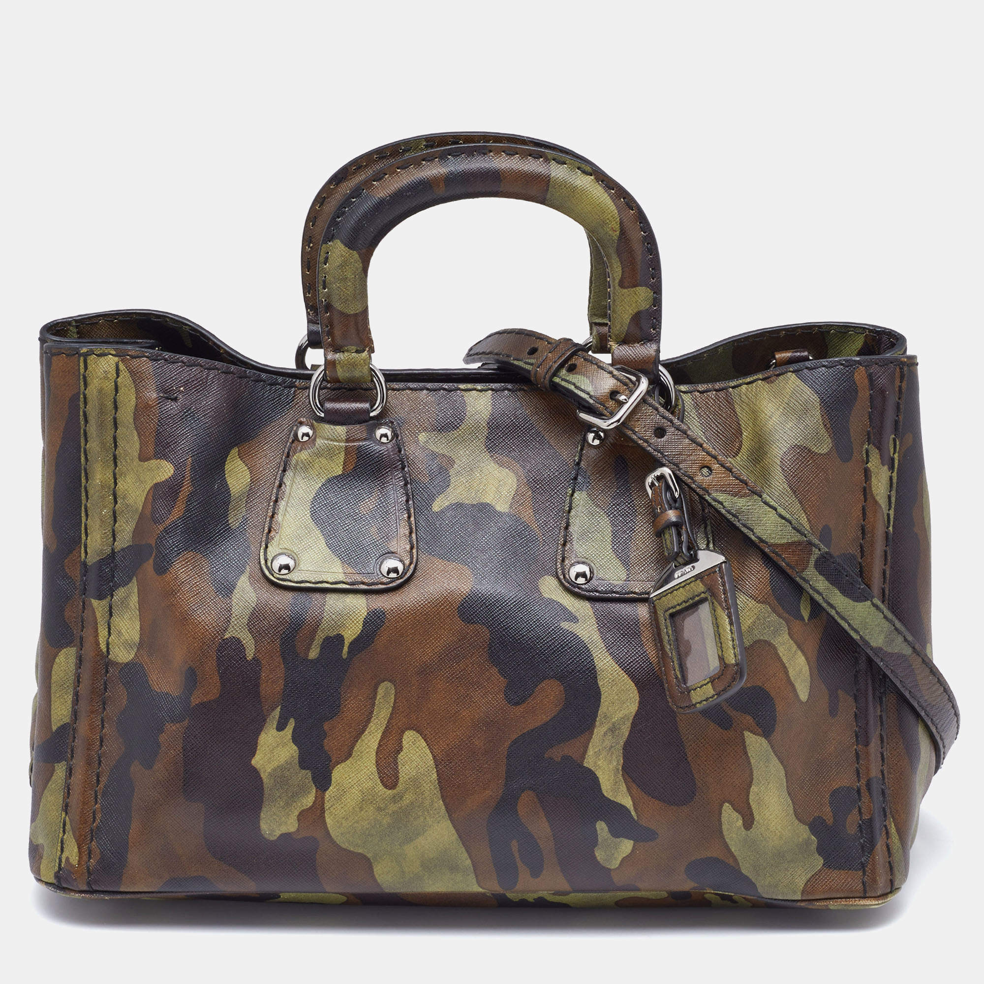 Pre Owned Prada Green Camouflage Leather Spazzolato Shopper Tote