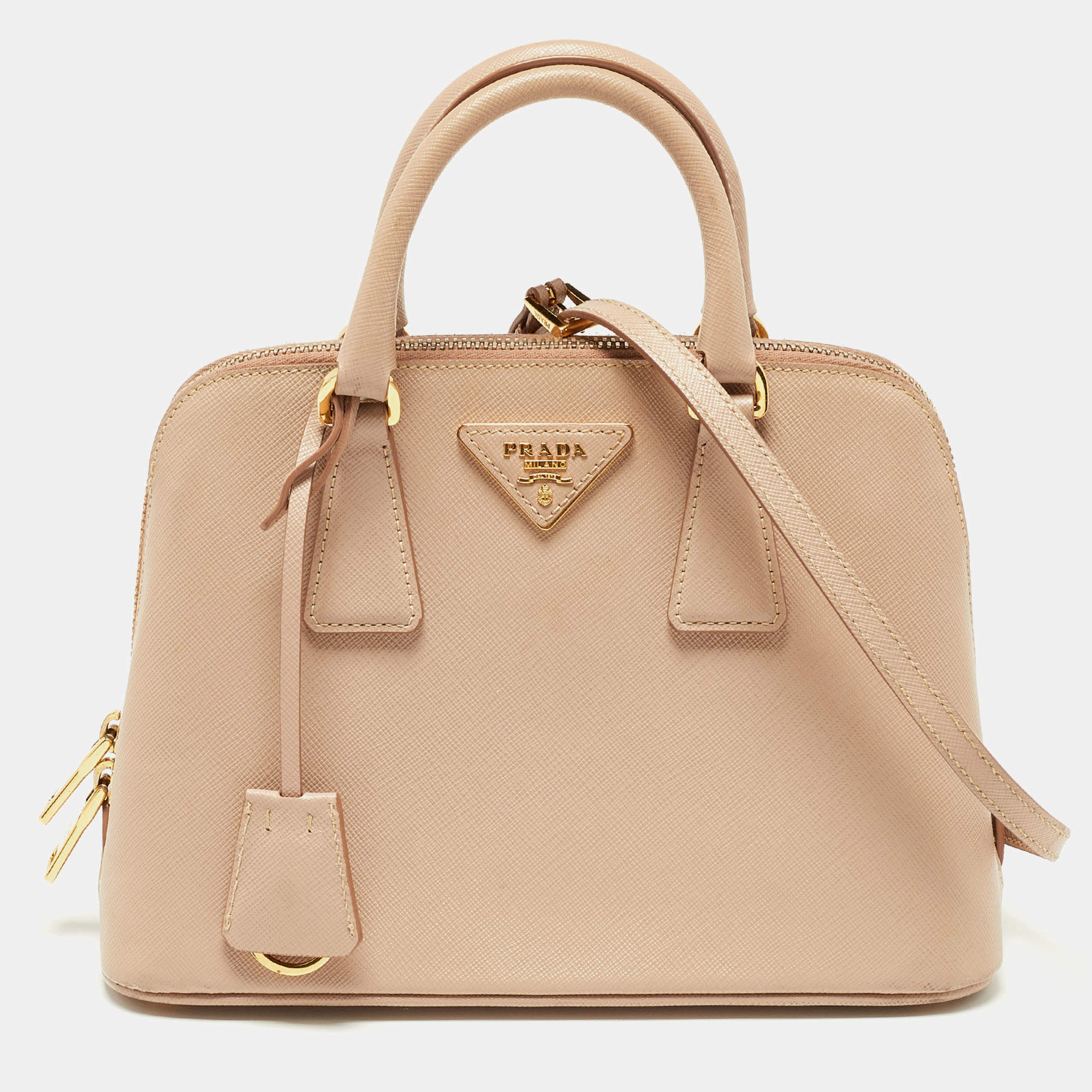 Pre Owned Prada Beige Saffiano Lux Leather Small Promenade Satchel