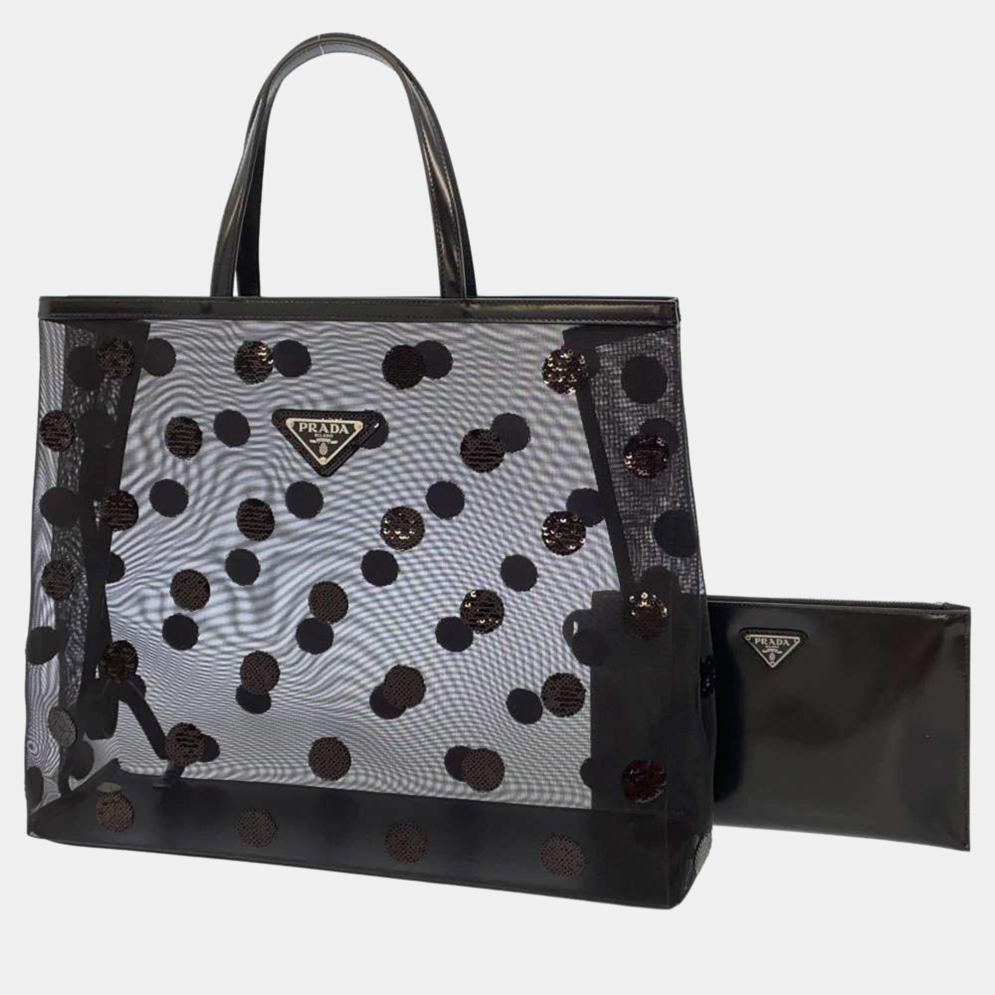 Pre Owned Prada Black Mesh Polka Dot Tote Bag