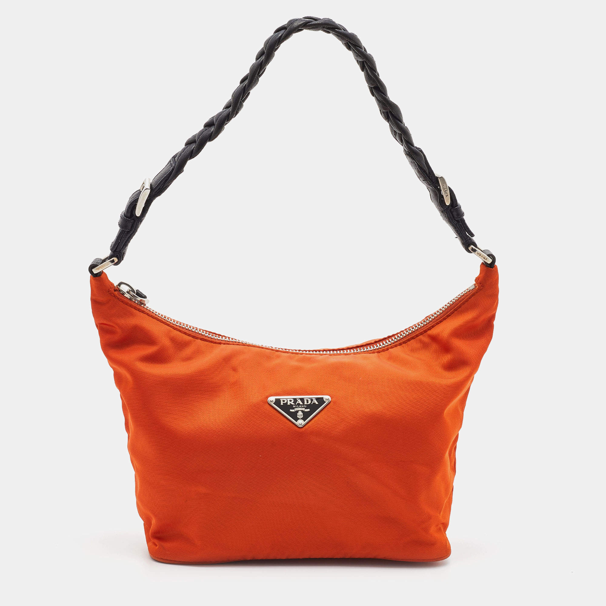 Pre Owned Prada Orange/Black Nylon and Leather Zip Baguette Bag