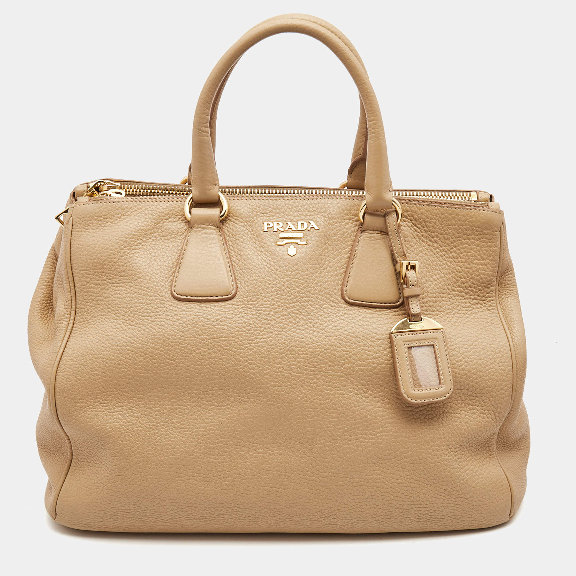 Pre Owned Prada Beige Vitello Daino Leather Large Double Zip Tote