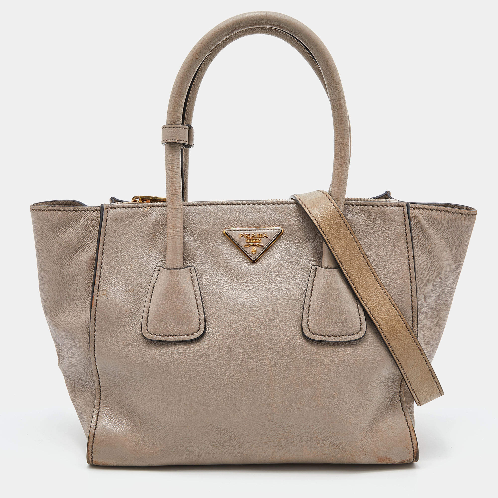 Pre Owned Prada Taupe Glace Leather Twin Pocket Tote