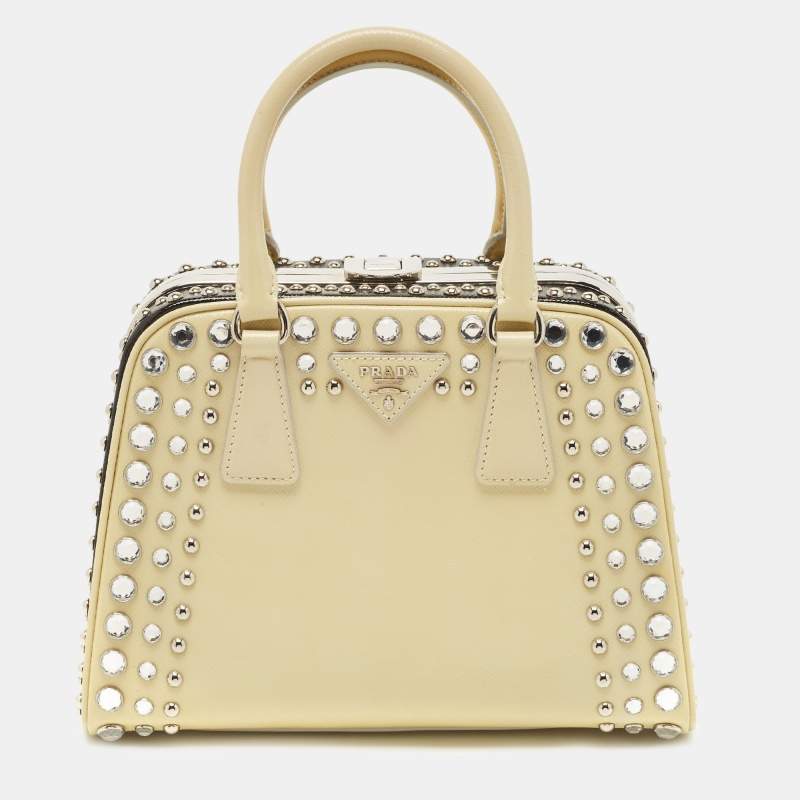 Pre Owned Prada Off White/Black Saffiano Vernice Leather Small Crystal Studded Pyramid Frame Satchel
