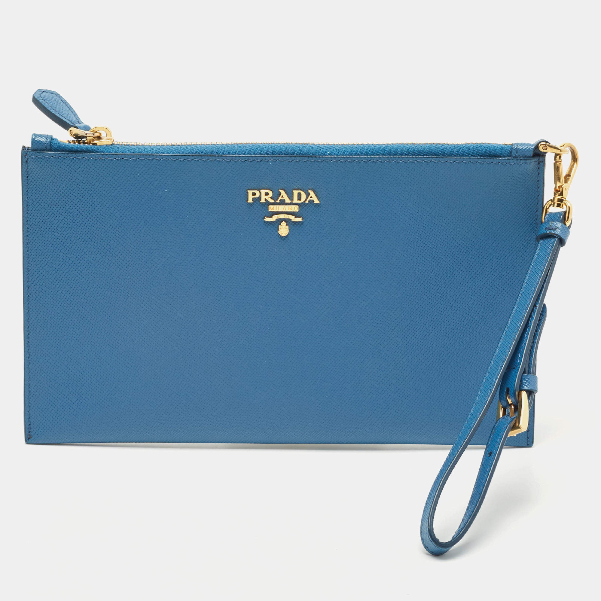 Prada Blue Saffiano Lux Leather Flat Wristlet Pouch