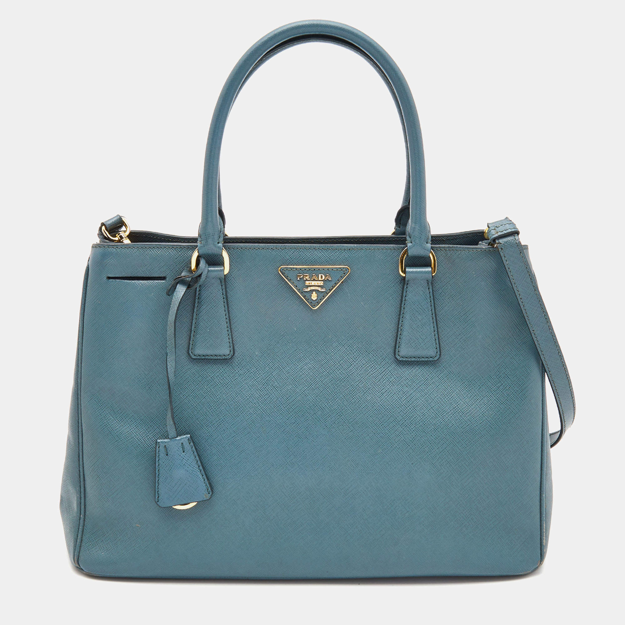 Pre Owned Prada Blue Saffiano Lux Leather Medium Galleria Double Zip Tote