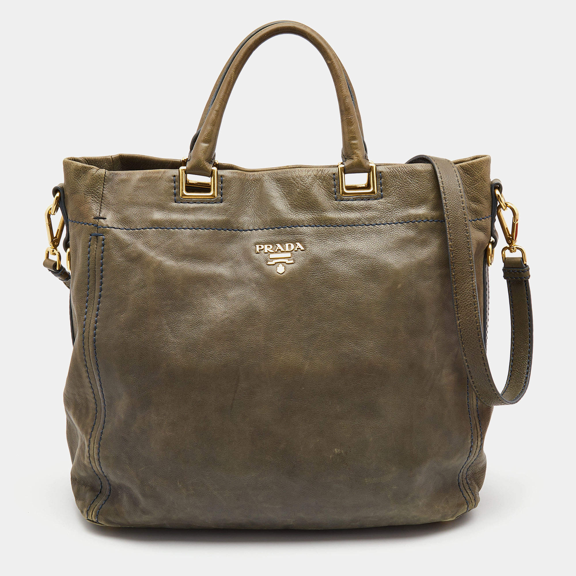 Pre Owned Prada Khaki Green Leather Open Tote