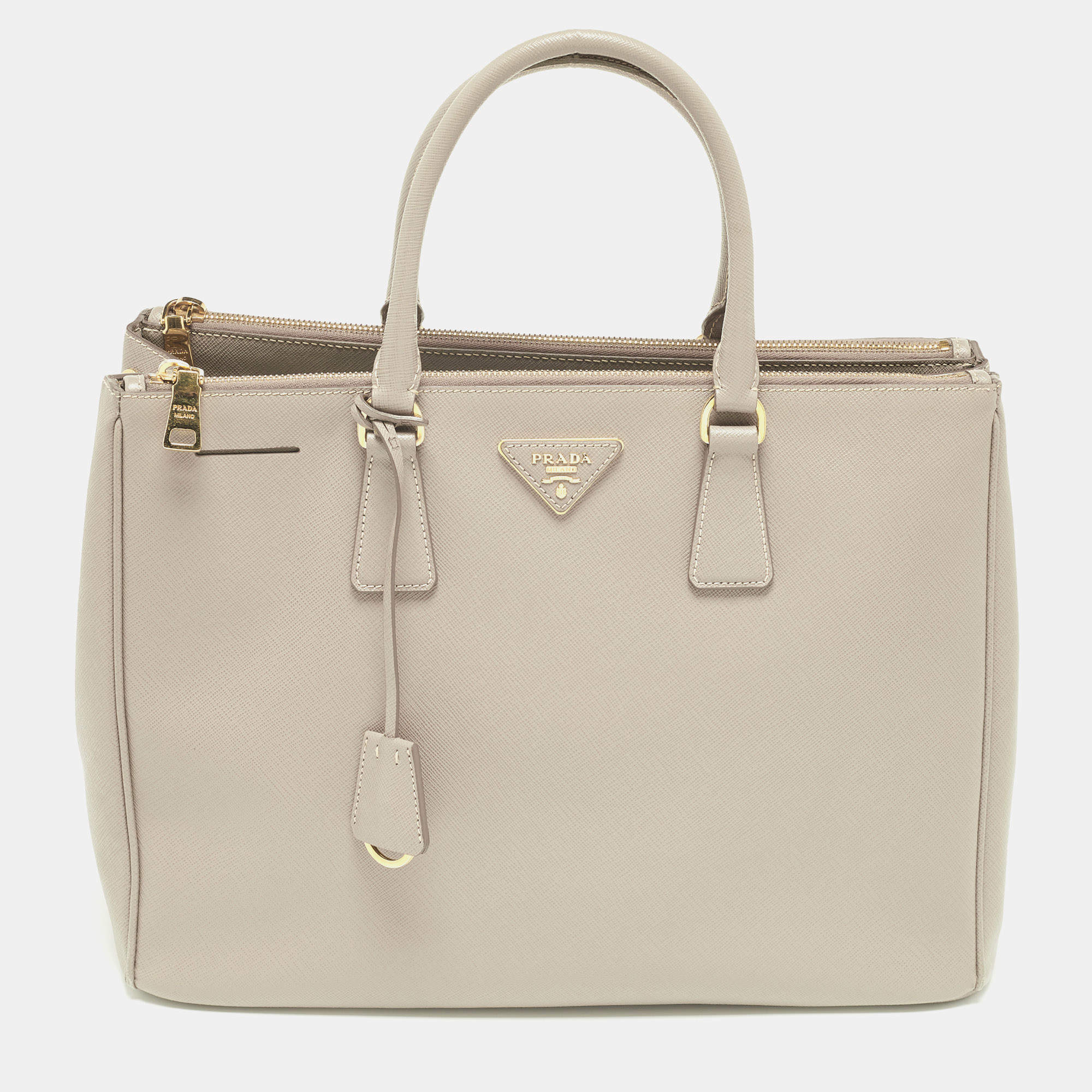 Pre Owned Prada Grey Saffiano Lux Leather Large Galleria Double Zip Tote