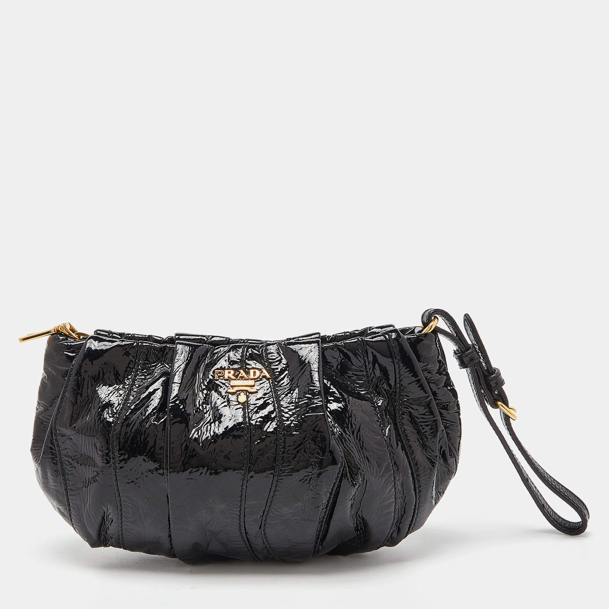 Pre Owned Prada Black Stripes Patent Leather Wristlet Clutch