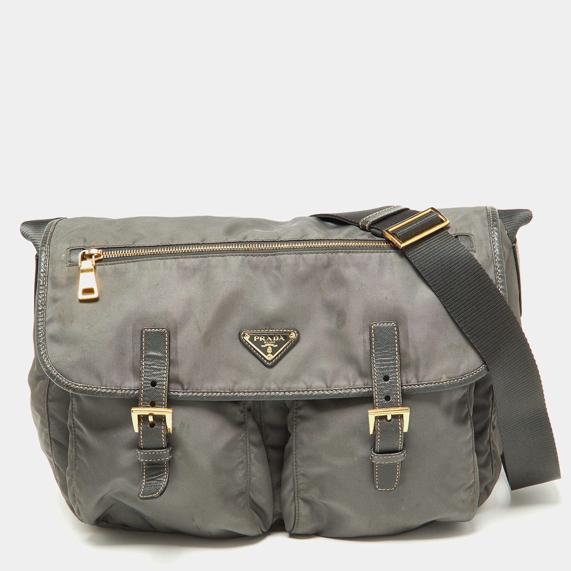 Prada Grey Nylon and Leather Buckle Messenger Bag