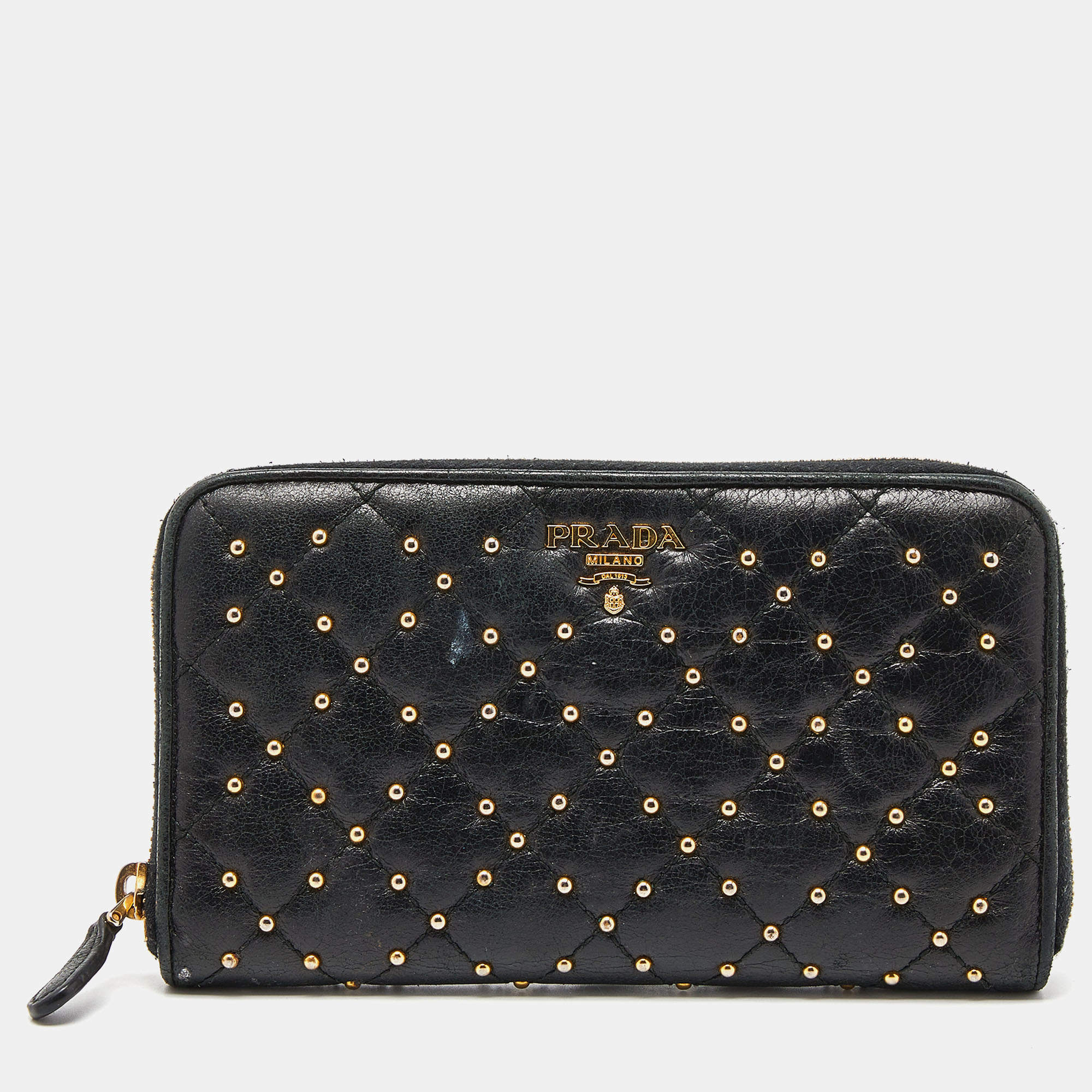 Pre Owned Prada Black Quilted Leather Studded Continental Wallet