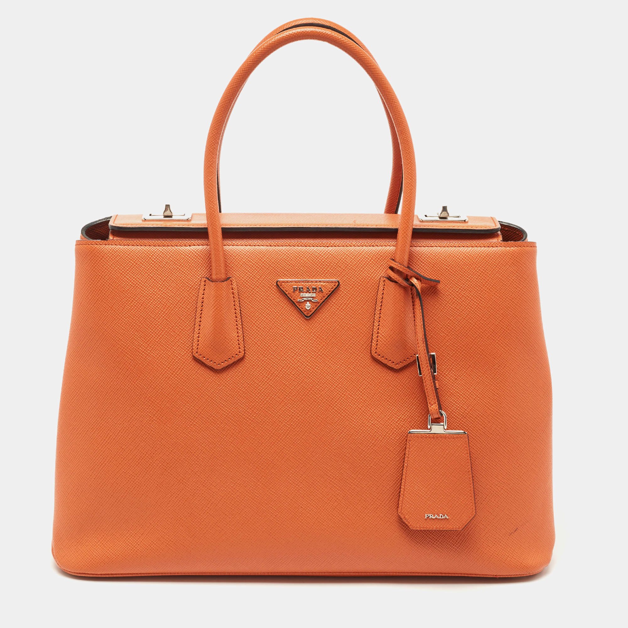 Pre Owned Prada Orange Saffiano Leather Large Twin Tote