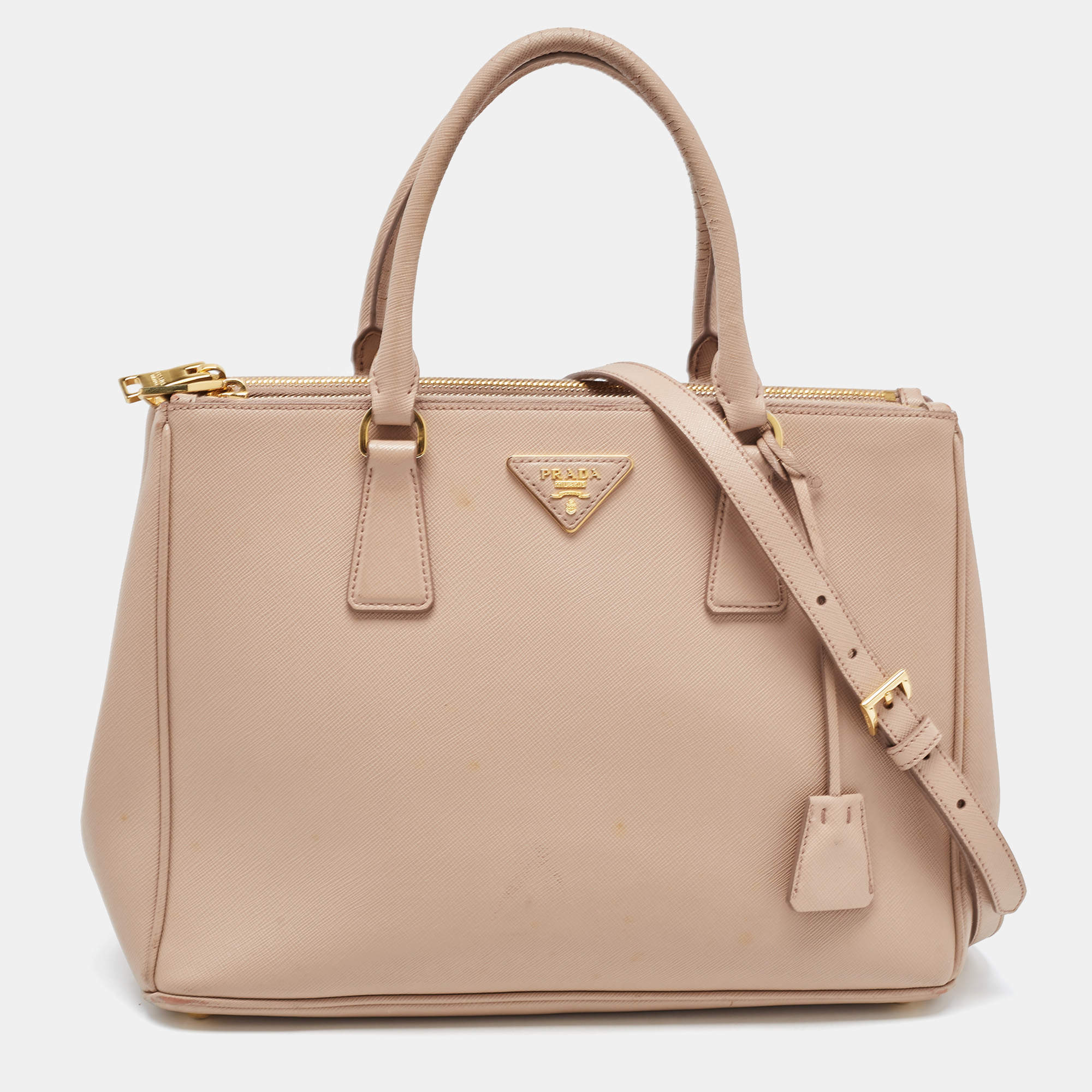 Pre Owned Prada Beige Saffiano Leather Medium Galleria Double Zip Tote