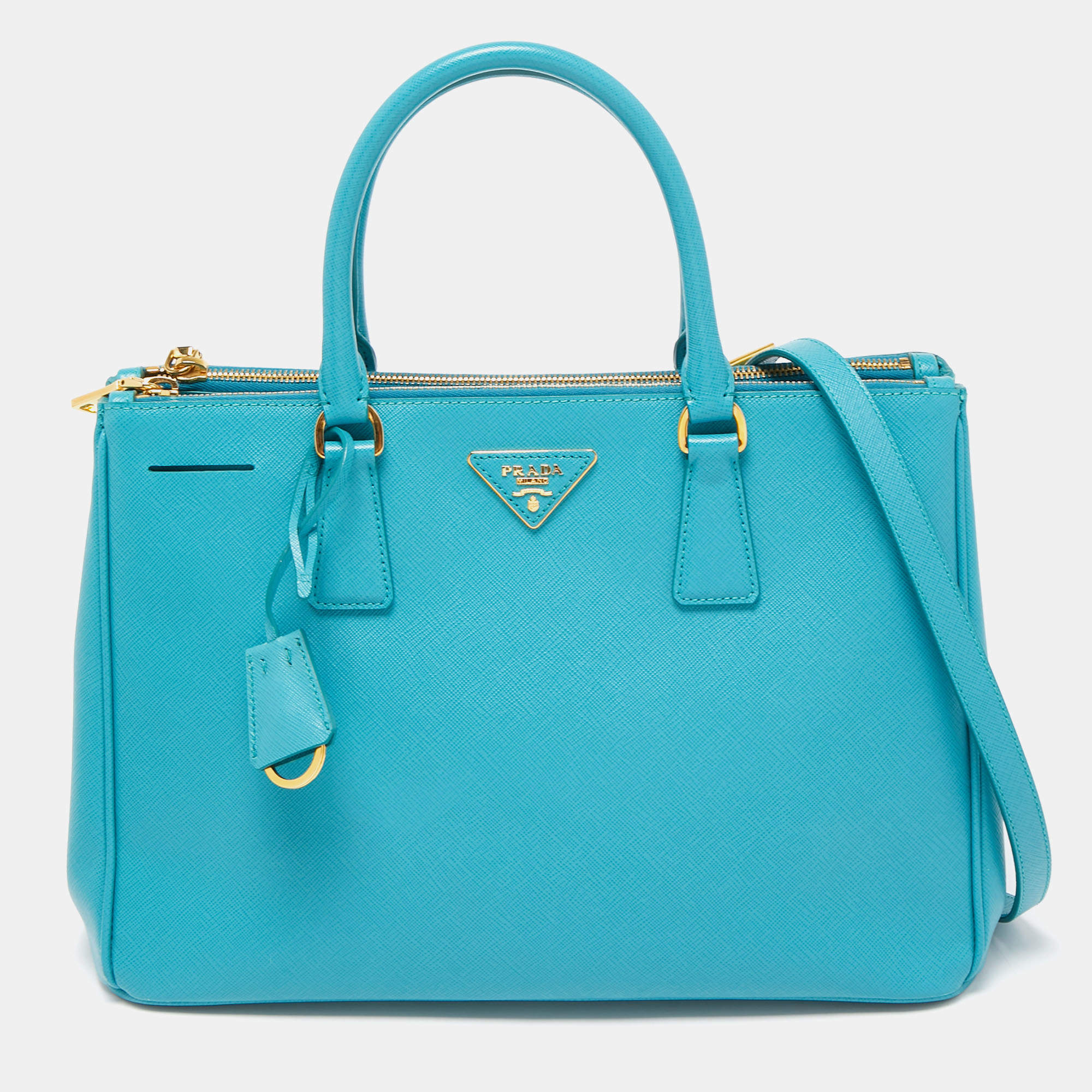 Pre Owned Prada Blue Saffiano Lux Leather Medium Galleria Double Zip Tote