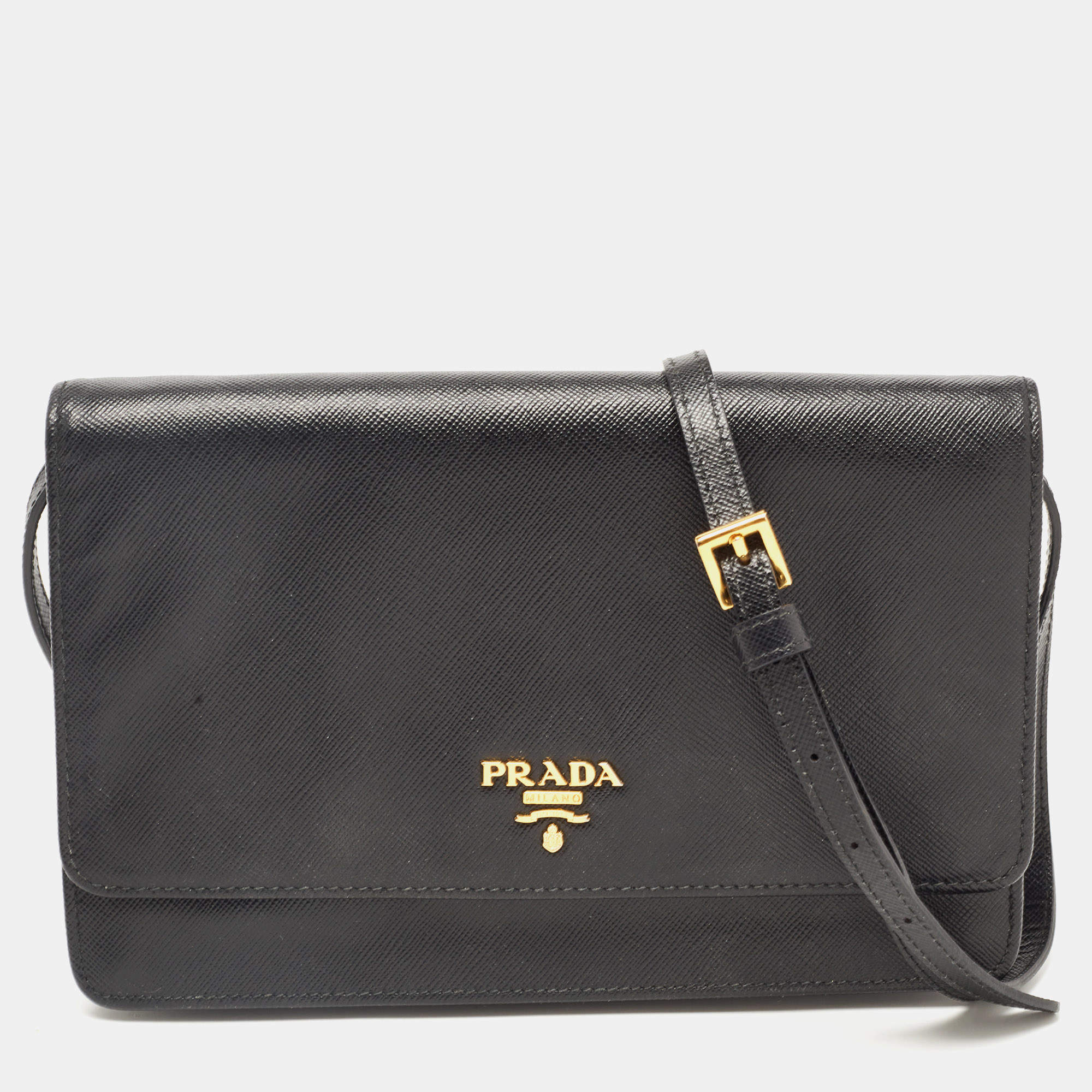 Prada Black Saffiano Lux Leather Logo Flap Clutch Bag