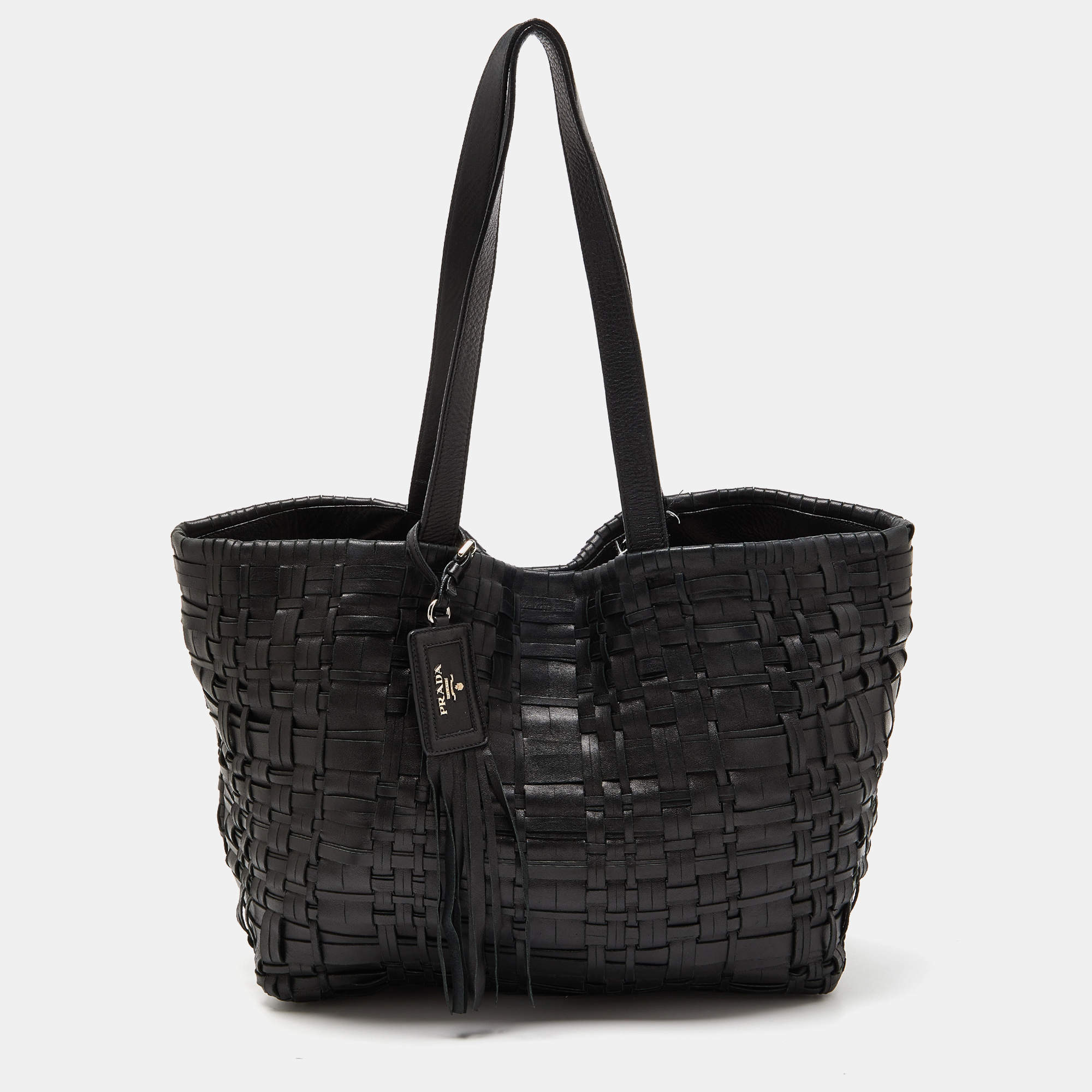 Pre Owned Prada Black Woven Leather Shopper Tote