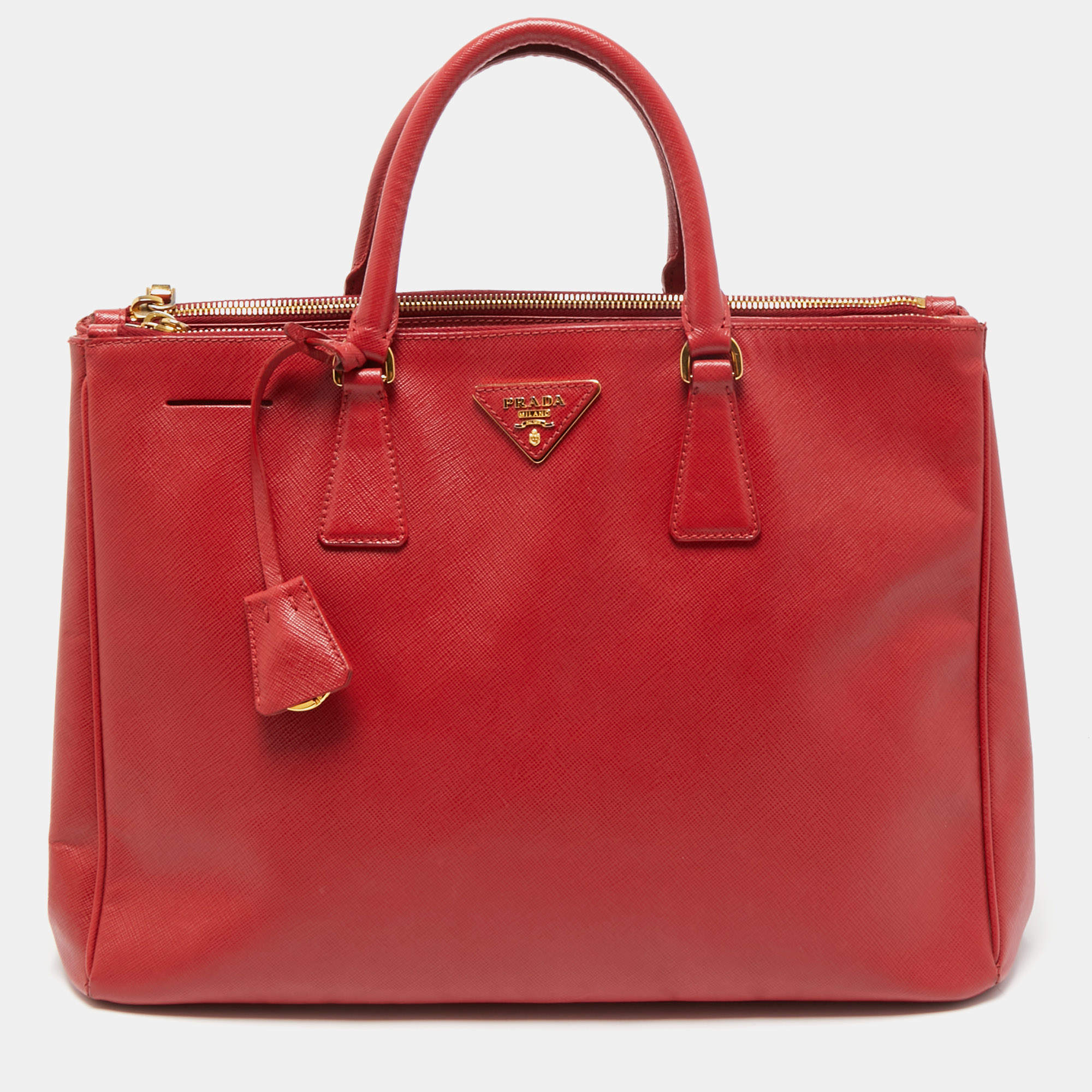 Pre Owned Prada  Red Saffiano Lux Leather Large Galleria Double Zip Tote