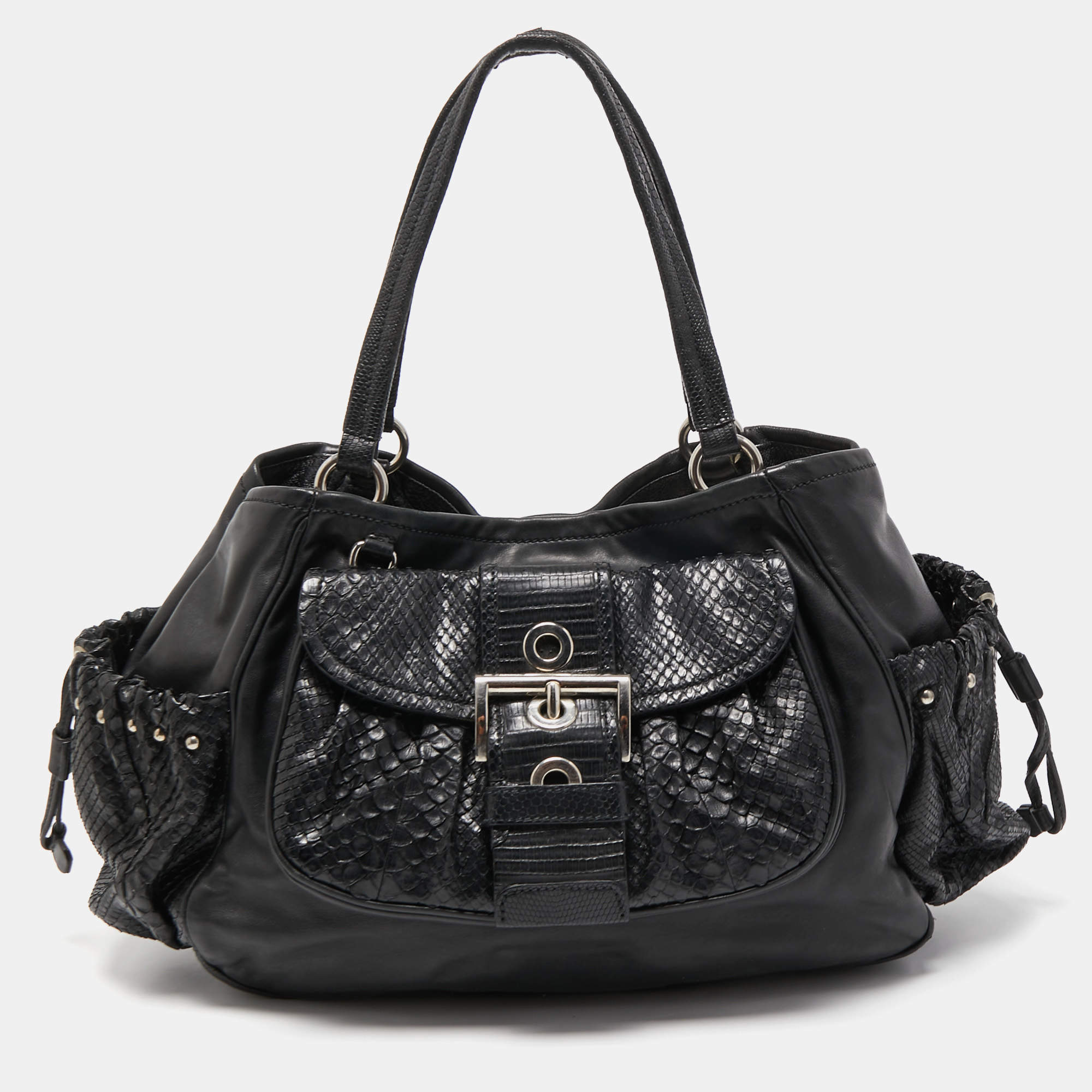 Pre Owned Prada Black Python, Lizard and Leather Buckle Pocket Tote