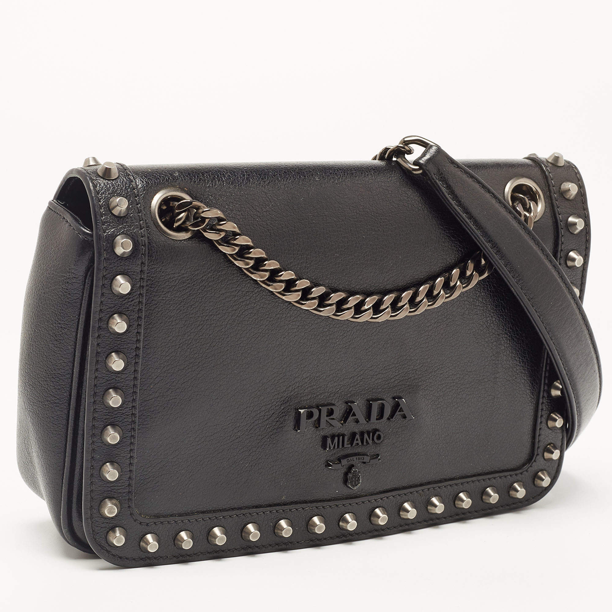 Prada Pattina Black Calf Leather Studded Flap Chain Crossbody Bag 