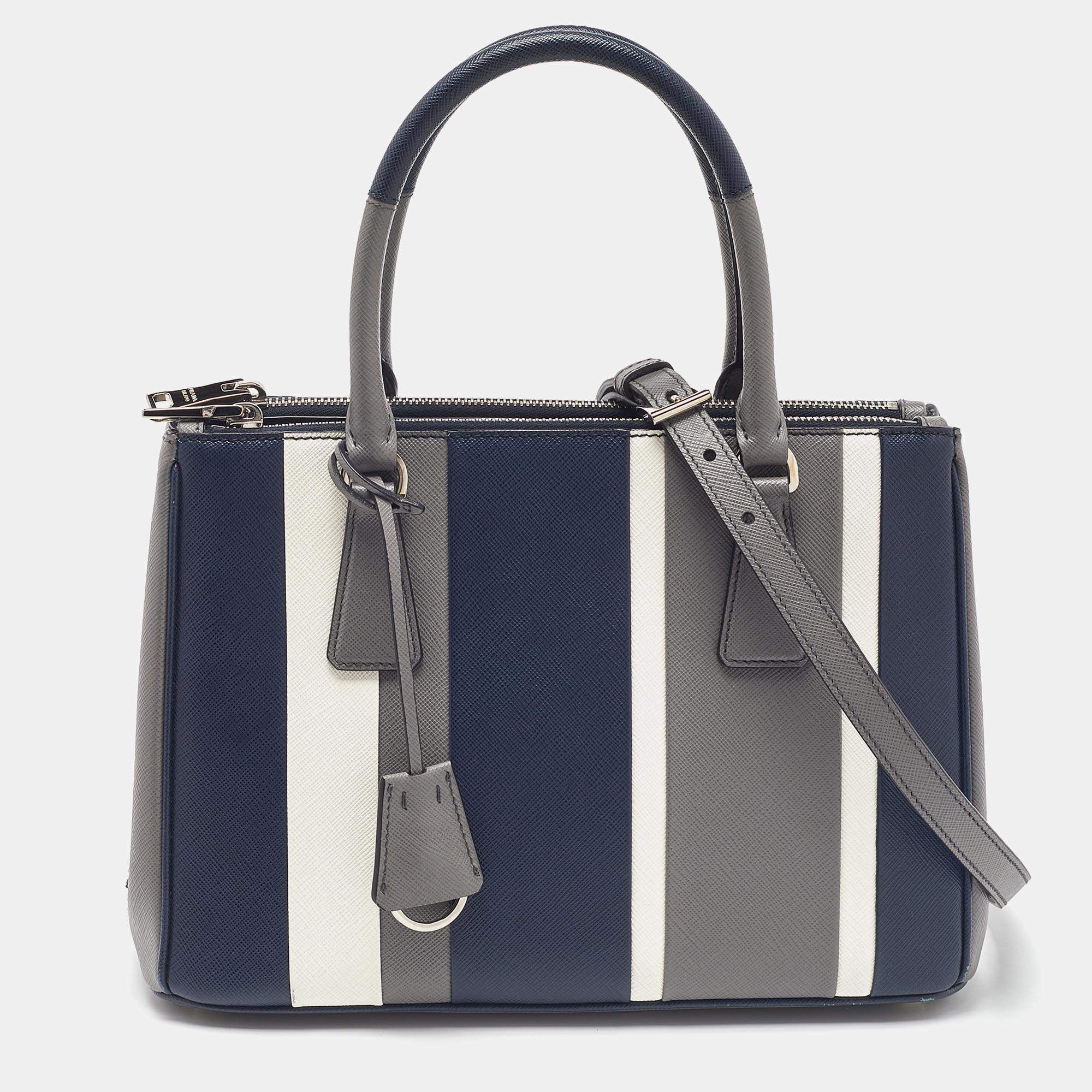 Pre Owned Prada Tricolor Stripe Saffiano Leather Small Double Zip Tote