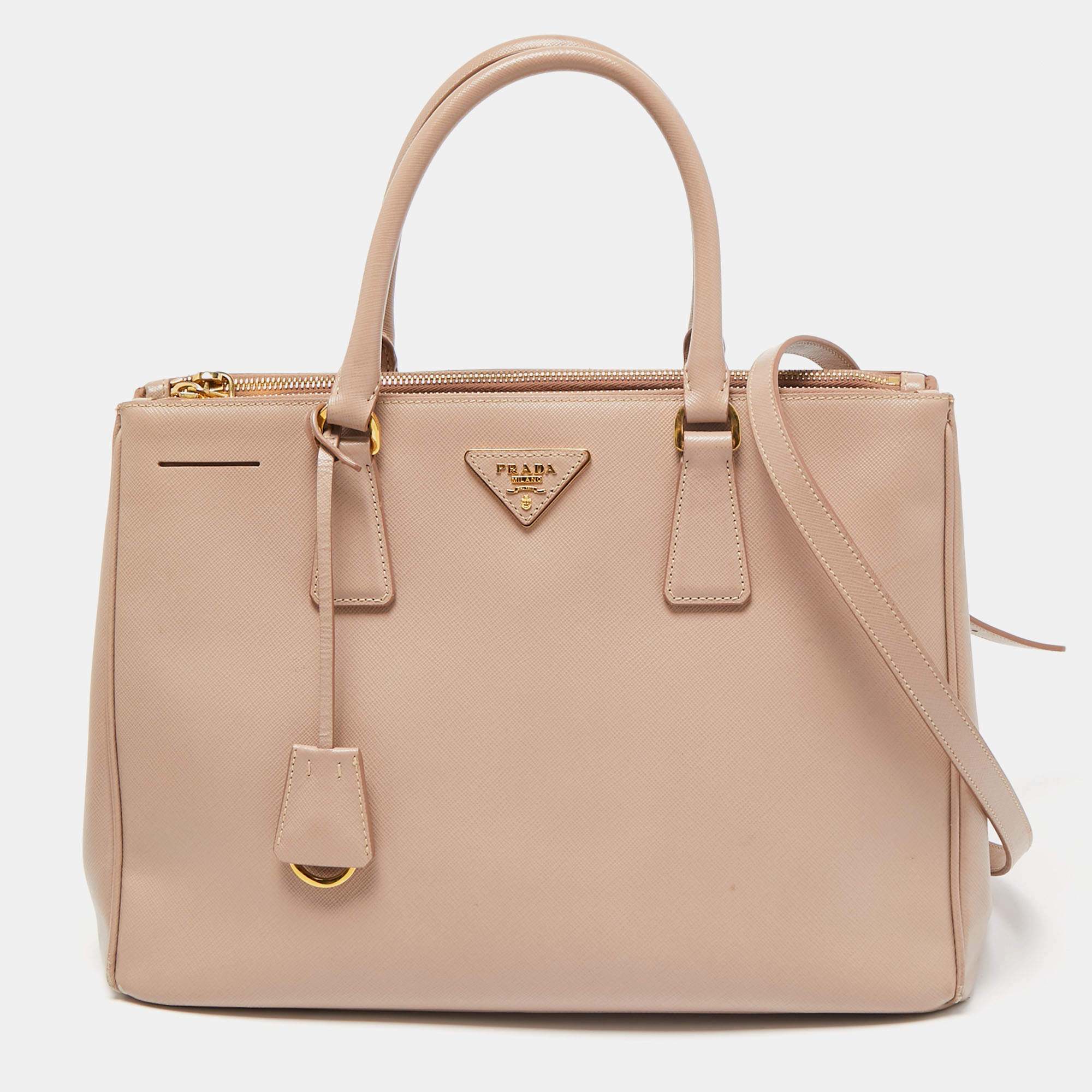 Pre Owned Prada Light Pink Saffiano Lux Leather Medium Double Zip Tote