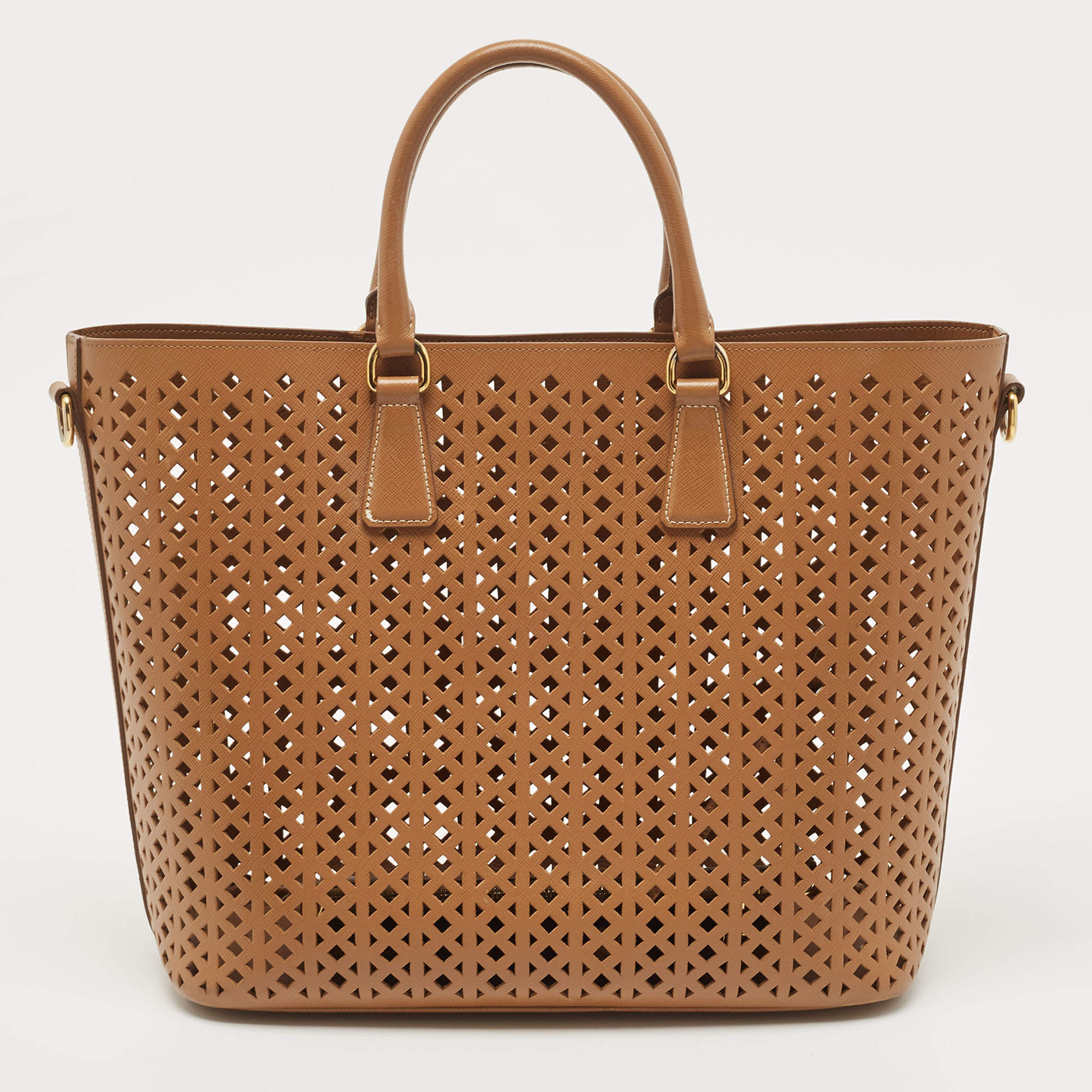 Prada Two Tone Woven Tote Bag in Brown